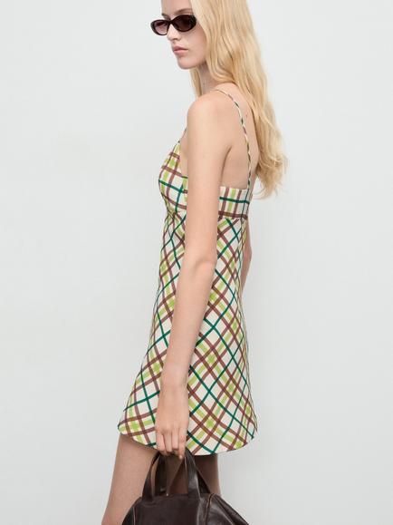 Mango Cutie Check Spaghetti Strap V Neck Mini Dress - view 2, Natural White/Multi