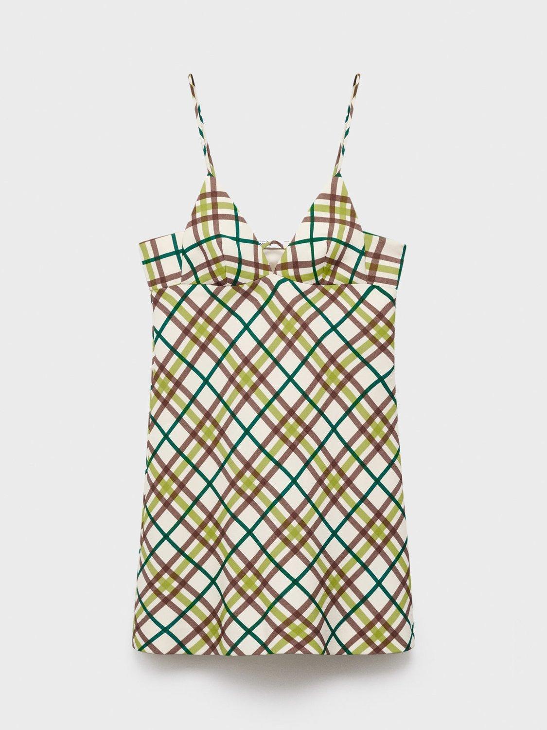 Product image 3 of 7, which shows Mango Cutie Check Spaghetti Strap V Neck Mini Dress, Natural White/Multi, 10