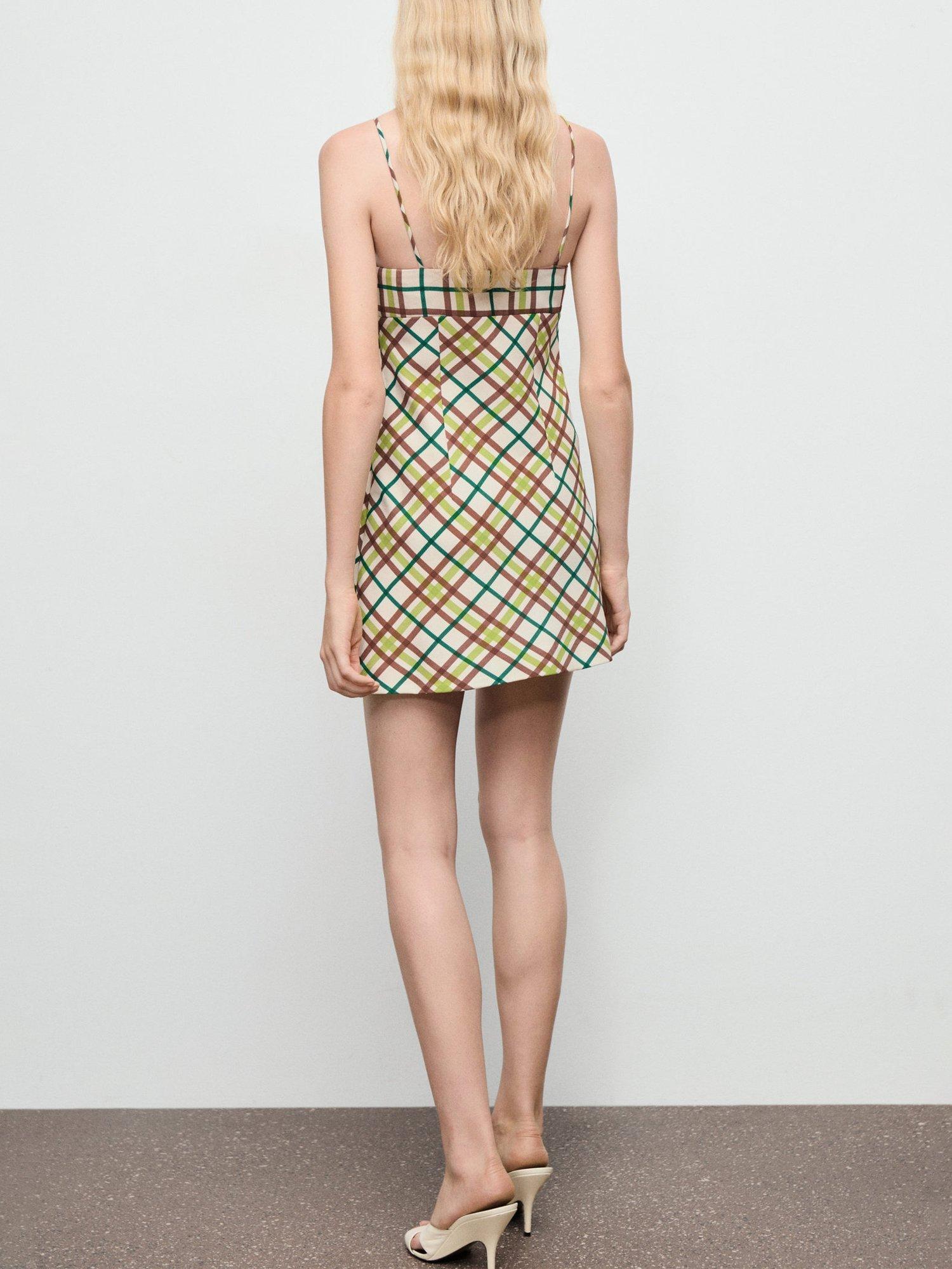 Product image 4 of 7, which shows Mango Cutie Check Spaghetti Strap V Neck Mini Dress, Natural White/Multi, 10