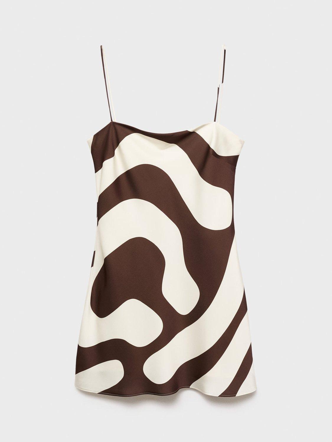 Product image 1 of 3, which shows Mango Just Abstract Satin Mini Dress, Brown/Multi, 6