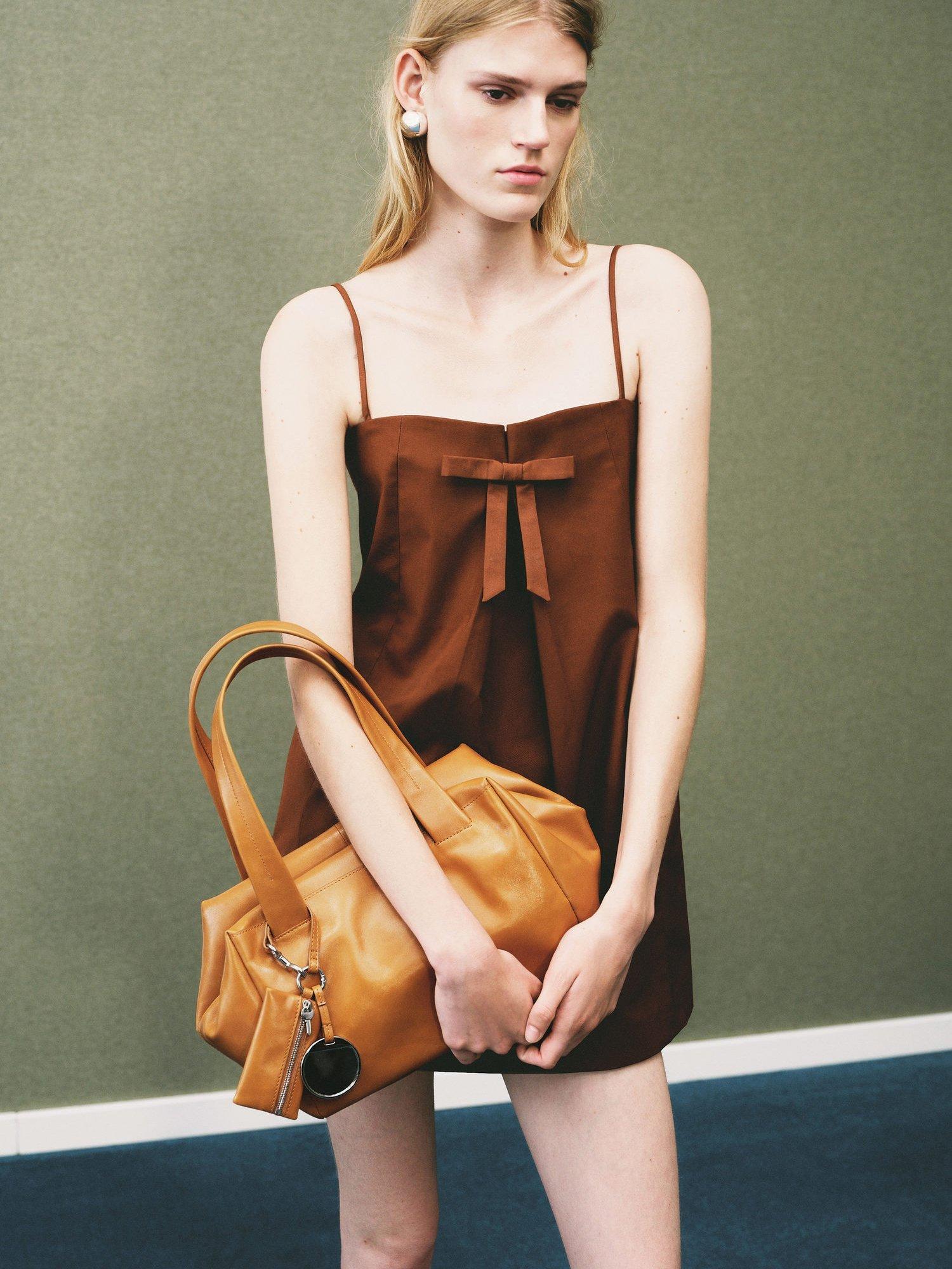 Product image 1 of 6, which shows Mango Lazito Bow Detail Mini Dress, Brown, 10