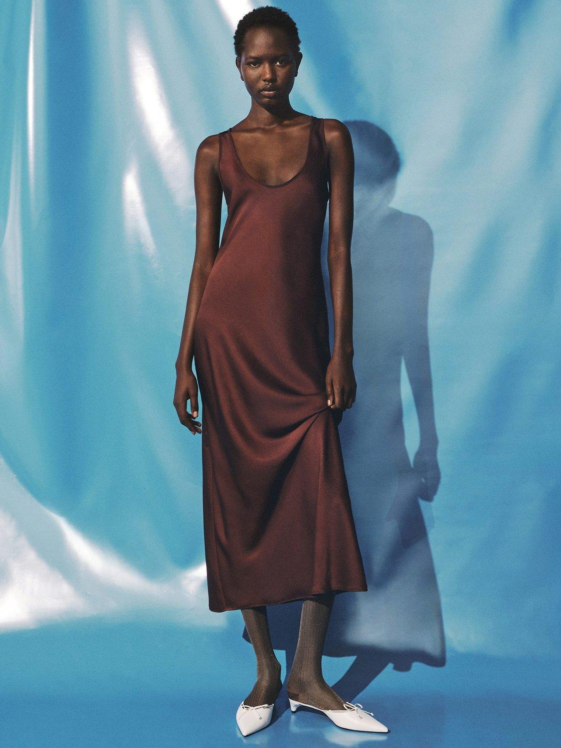Product image 1 of 7, which shows Mango Luisa Satin A-Line Maxi Dress, Brown, 10