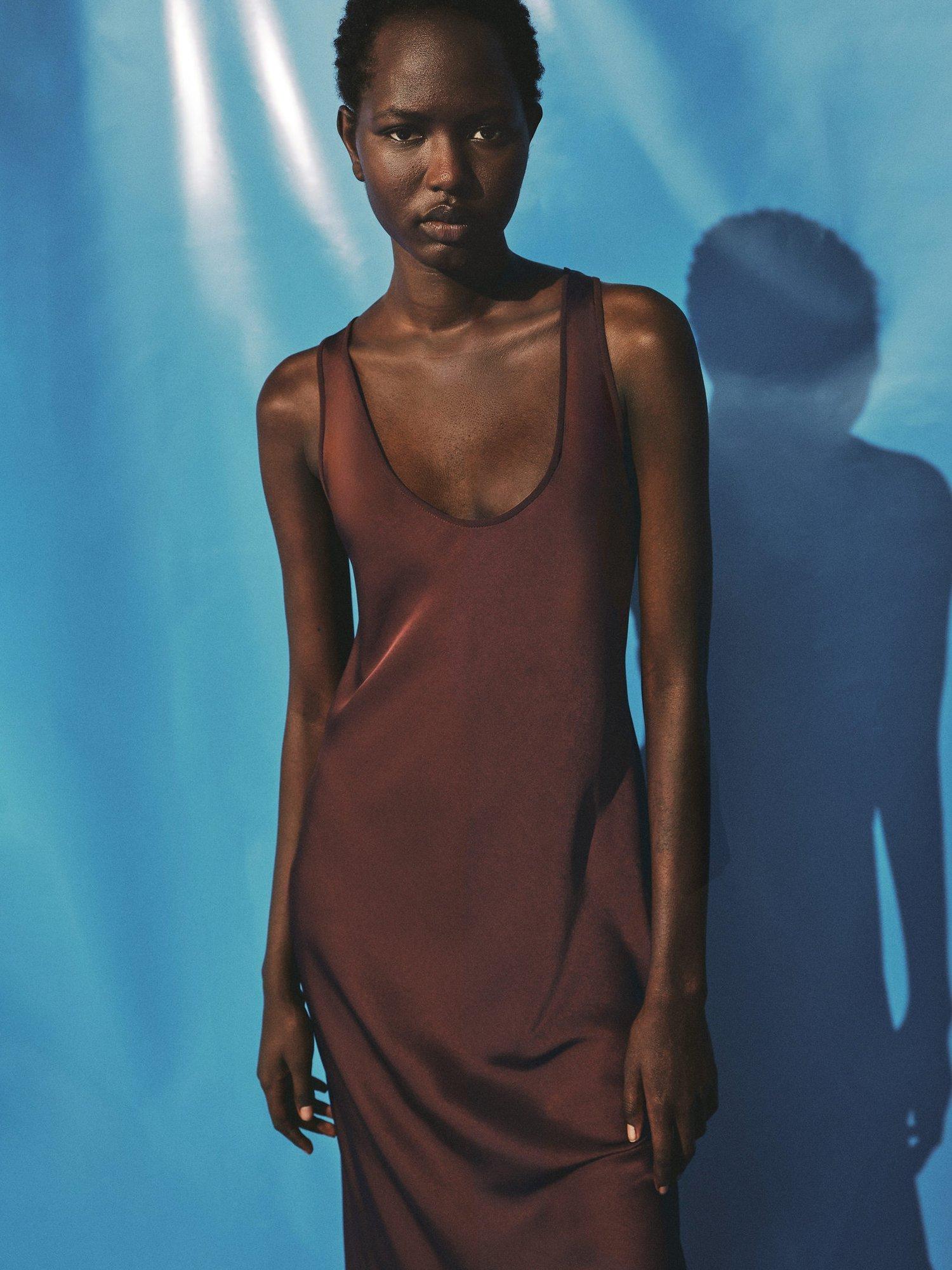 Product image 2 of 7, which shows Mango Luisa Satin A-Line Maxi Dress, Brown, 10