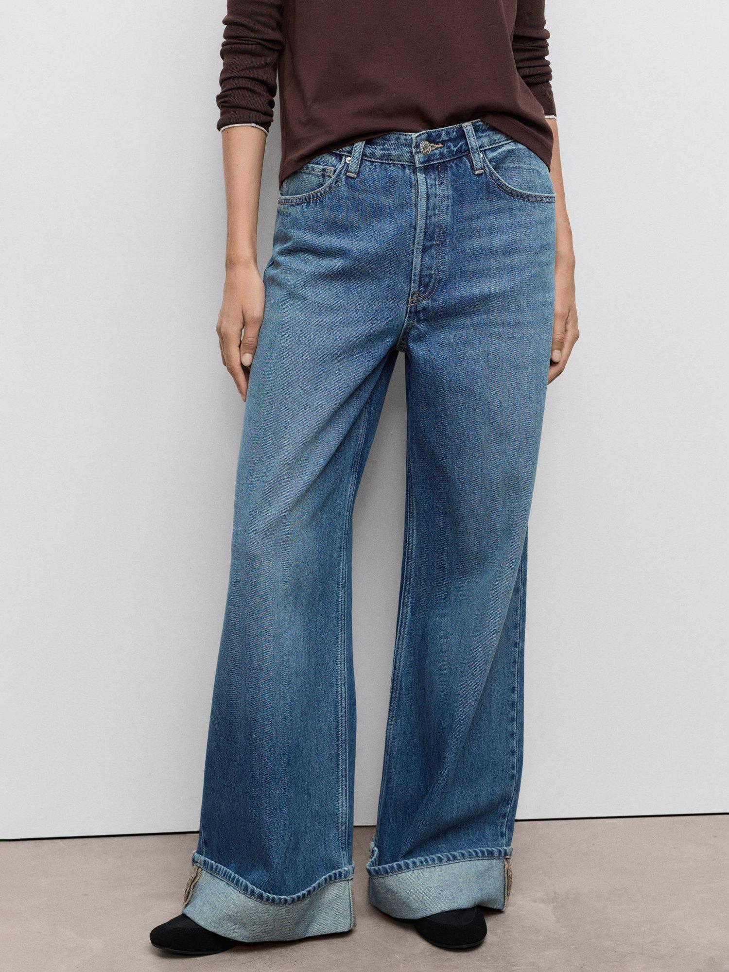 Product image 1 of 7, which shows Mango Carlota Wide Leg Turn Up Hem Jeans, Medium Blue, 6