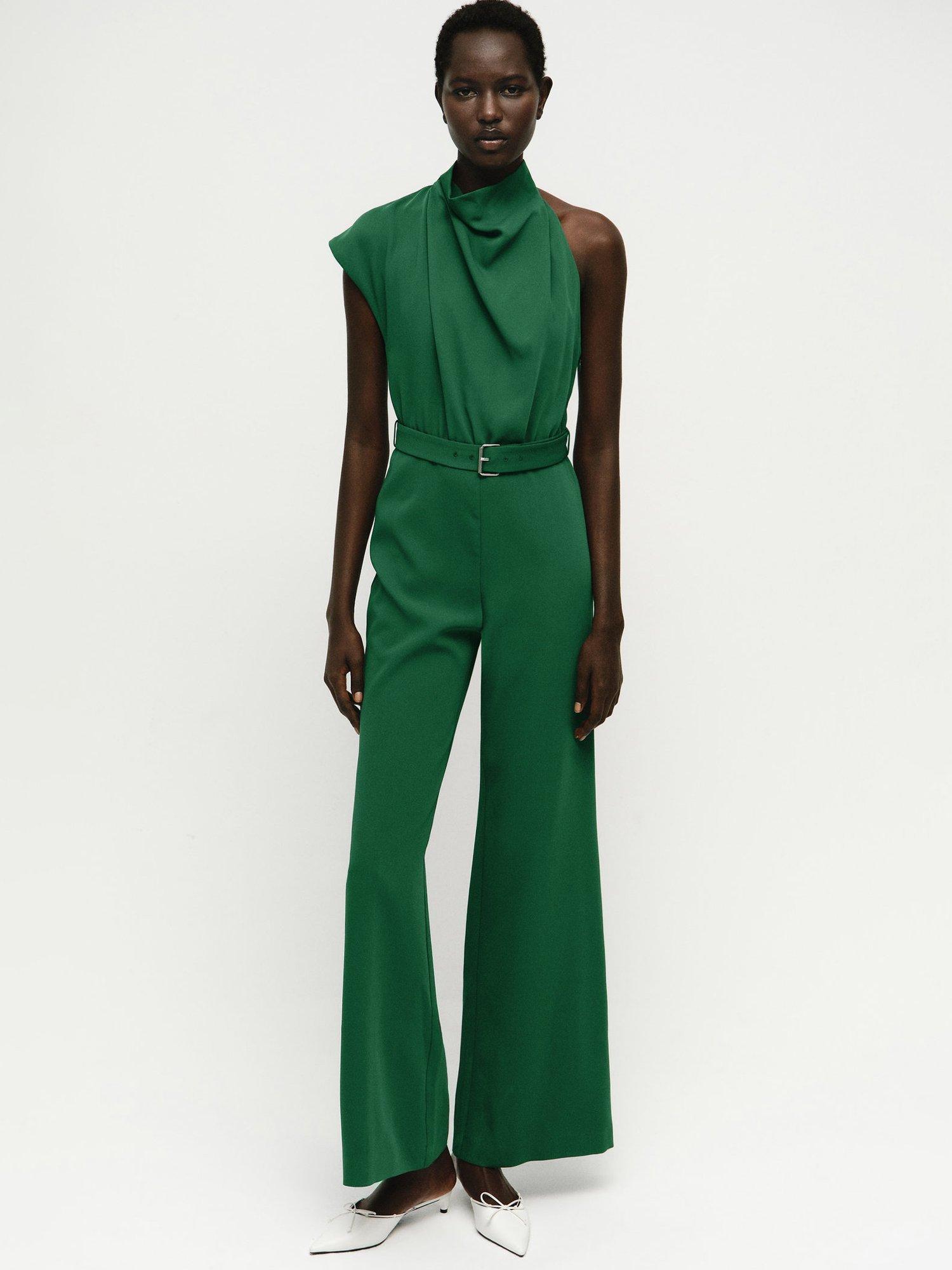Product image 1 of 6, which shows Mango Jiah Belted Asymmetric Jumpsuit, Bright Green, XS
