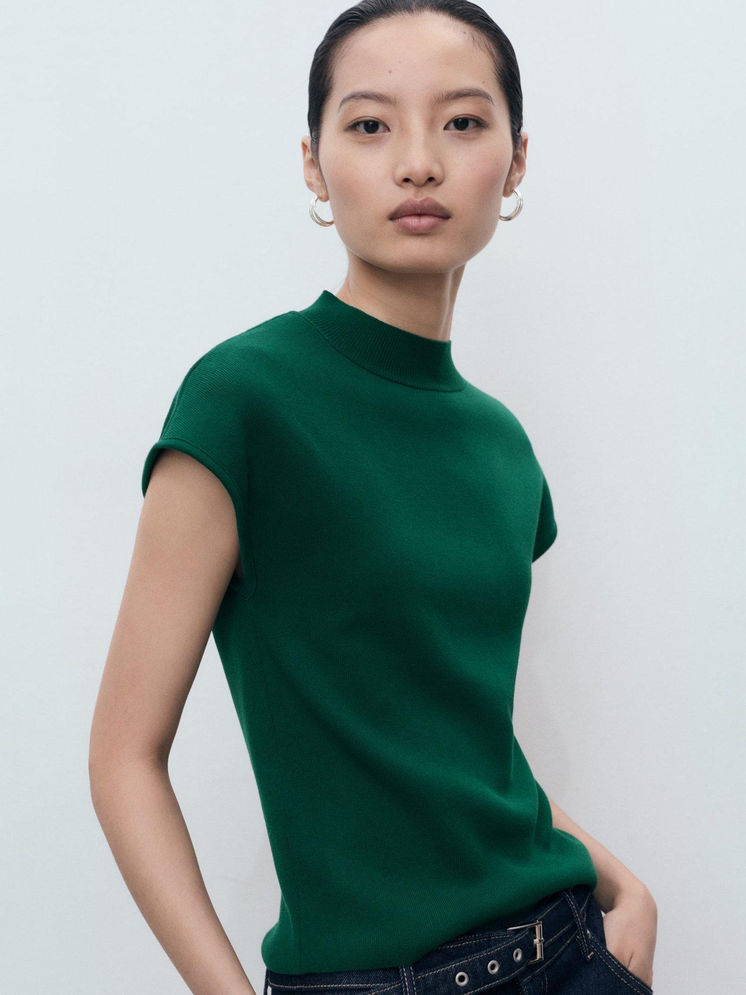 Product image 1 of 8, which shows Mango Dumin Short Sleeve Knit Top, Dark Green, M