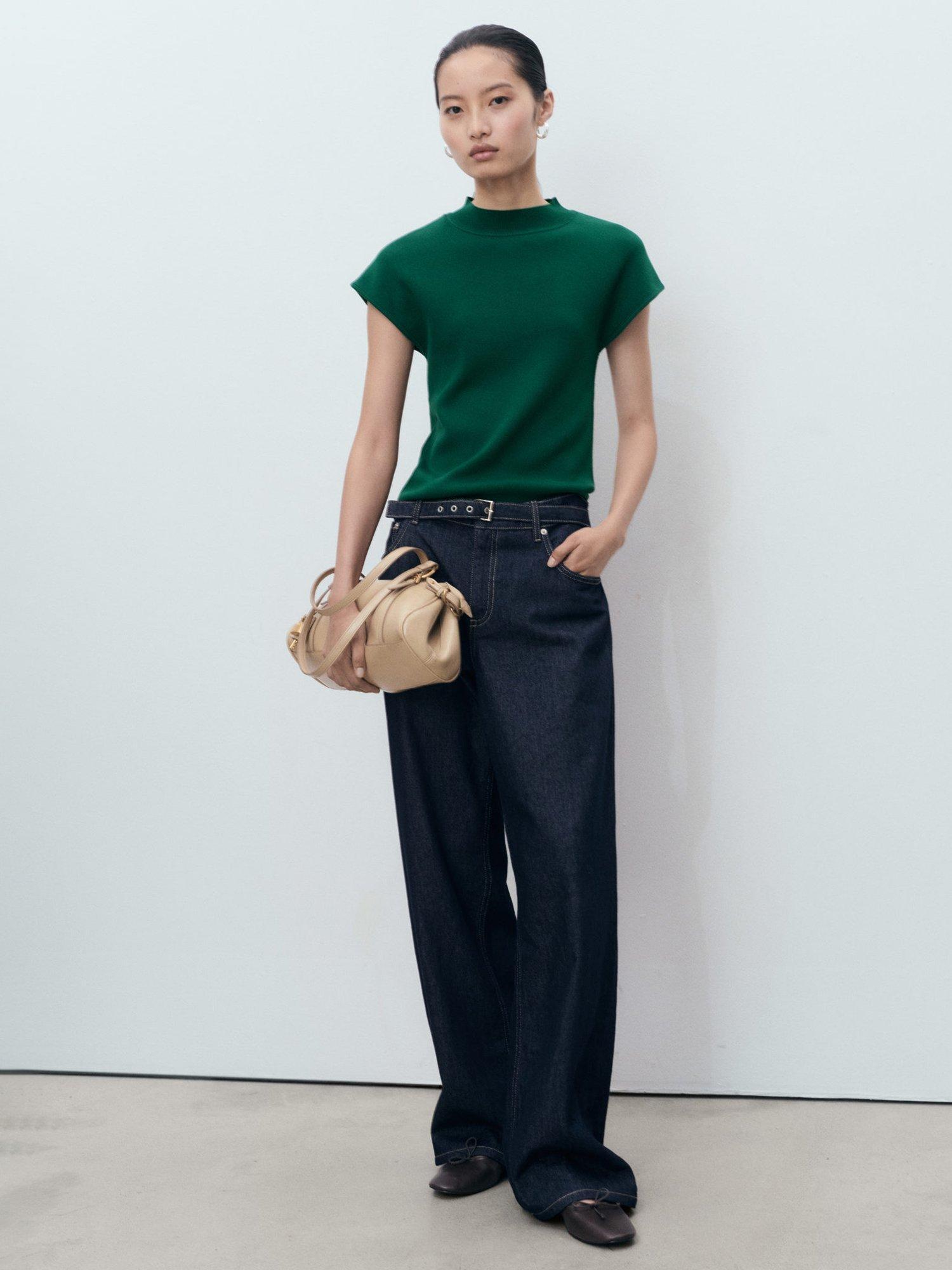 Product image 2 of 8, which shows Mango Dumin Short Sleeve Knit Top, Dark Green, M