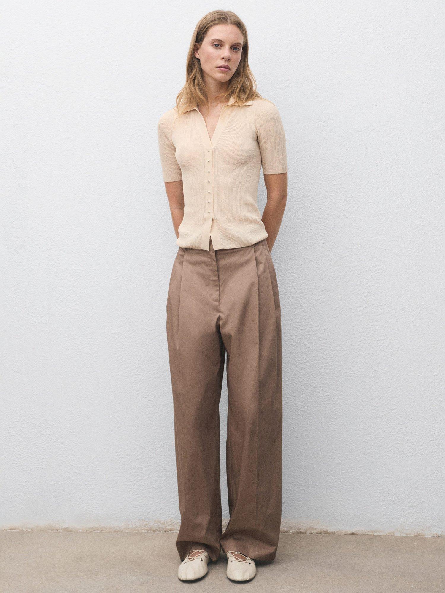 Product image 2 of 7, which shows Mango Mocha Ribbed Short Sleeve Jumper, Light Beige, S