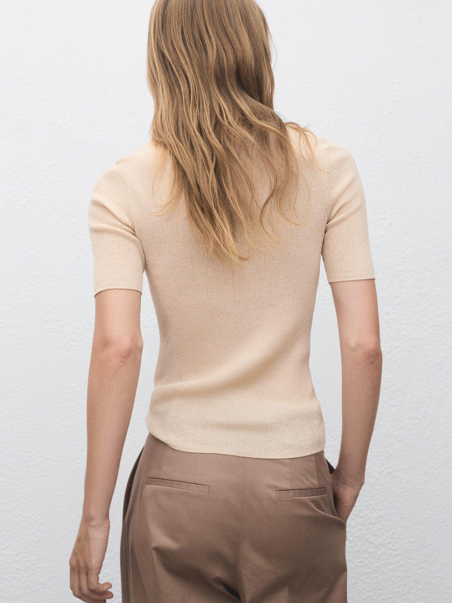 Product image 4 of 7, which shows Mango Mocha Ribbed Short Sleeve Jumper, Light Beige, S