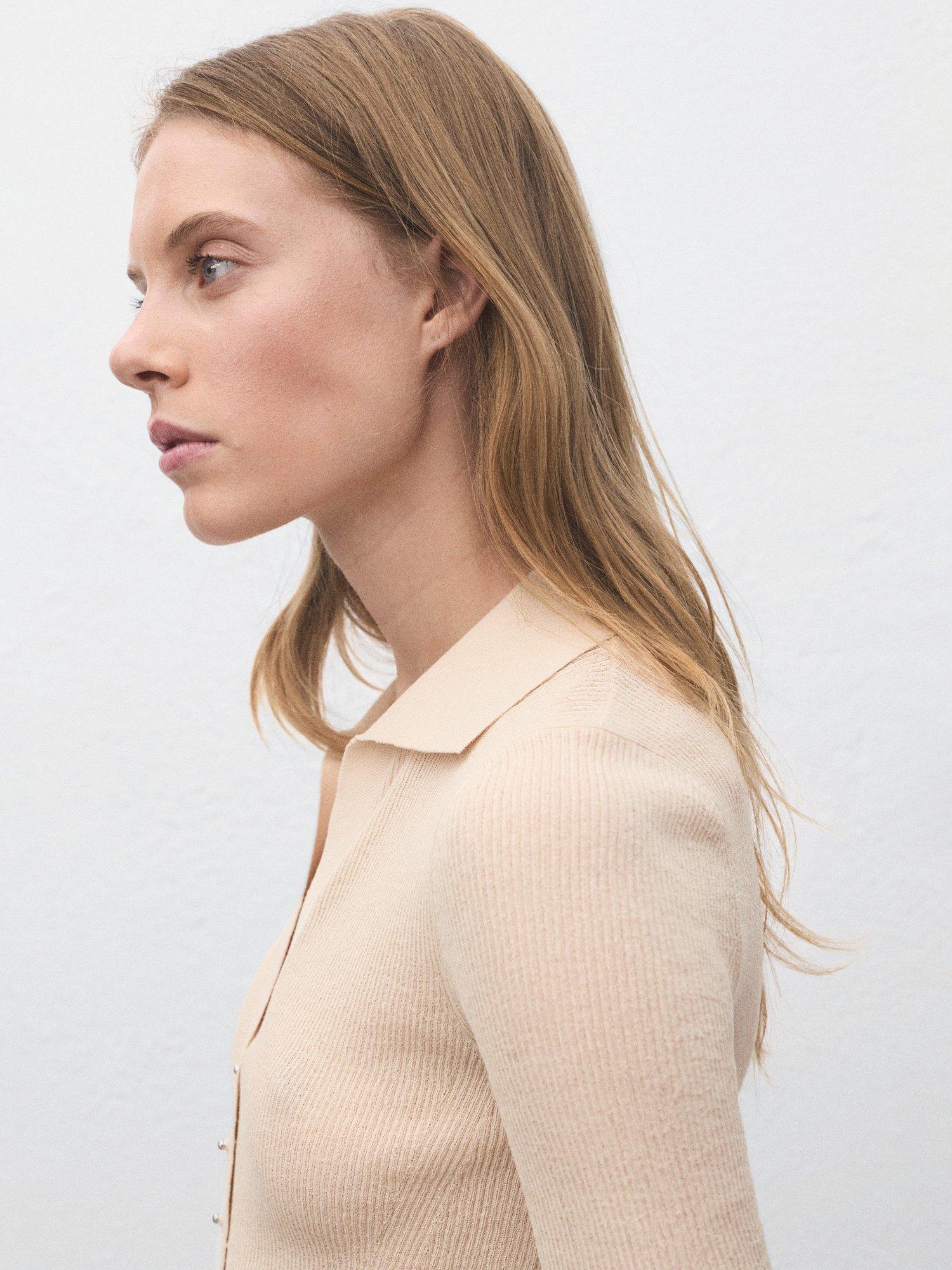 Product image 6 of 7, which shows Mango Mocha Ribbed Short Sleeve Jumper, Light Beige, S