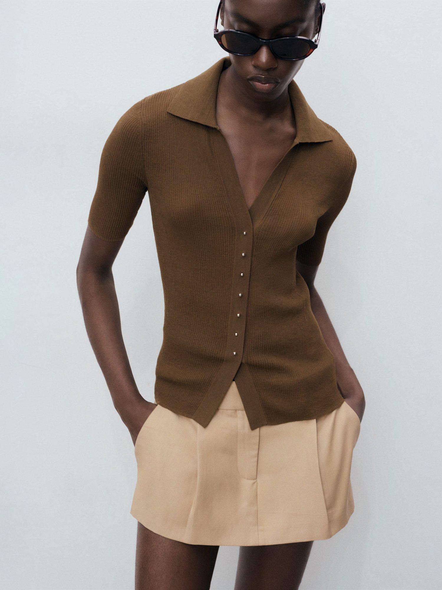 Product image 1 of 8, which shows Mango Mocha Ribbed Short Sleeve Jumper, Dark Brown, XL