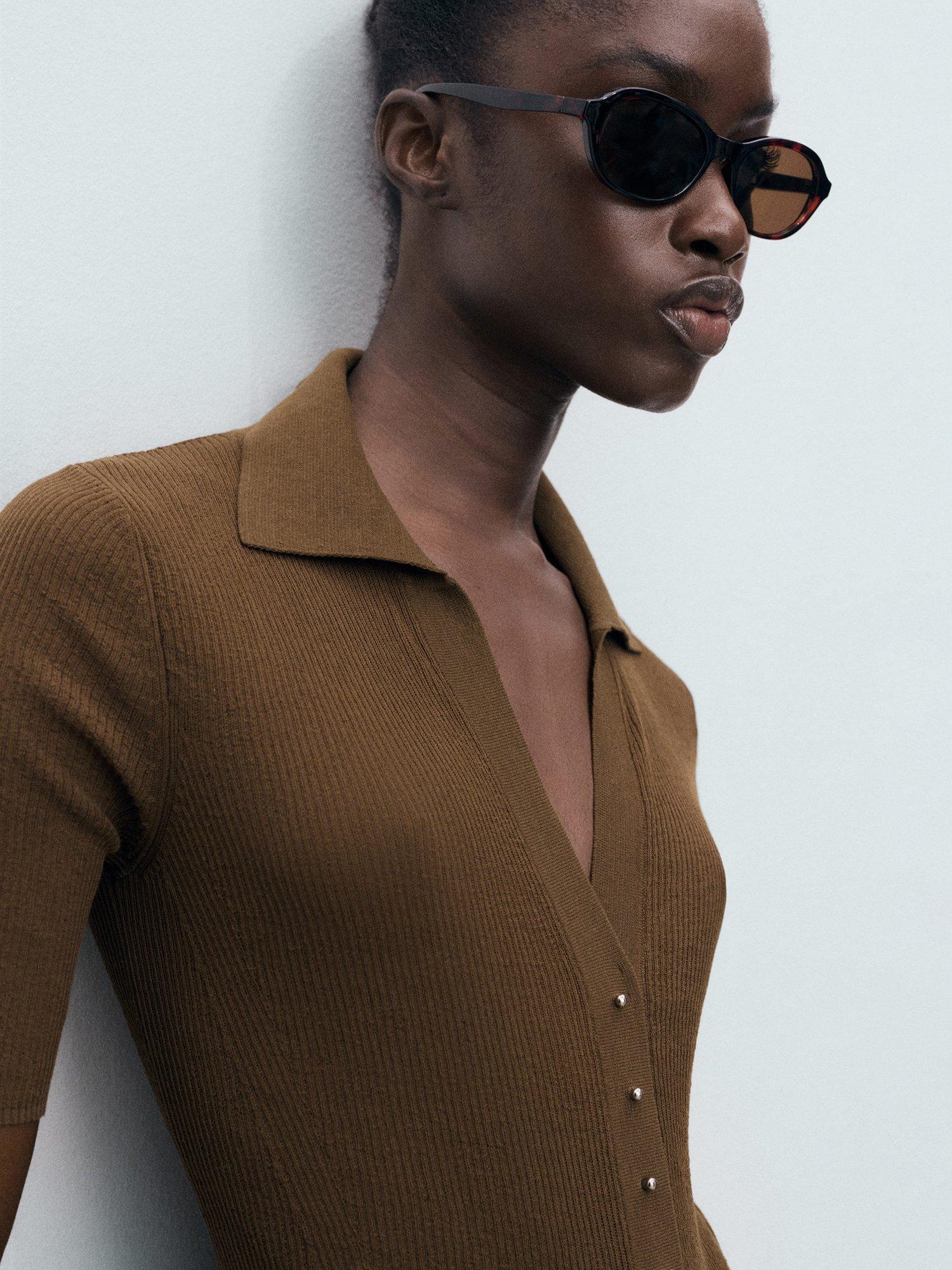 Product image 6 of 8, which shows Mango Mocha Ribbed Short Sleeve Jumper, Dark Brown, XL