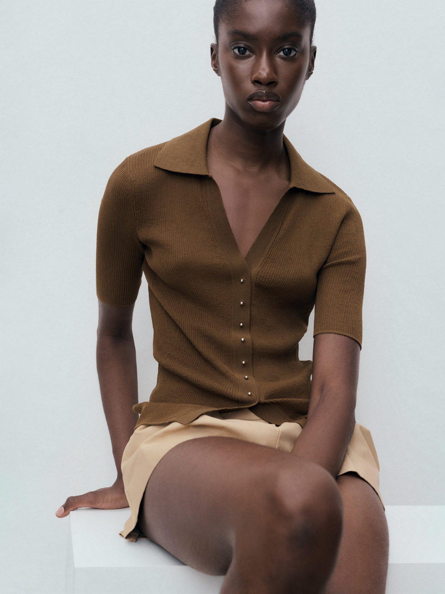 Product image 7 of 8, which shows Mango Mocha Ribbed Short Sleeve Jumper, Dark Brown, XL