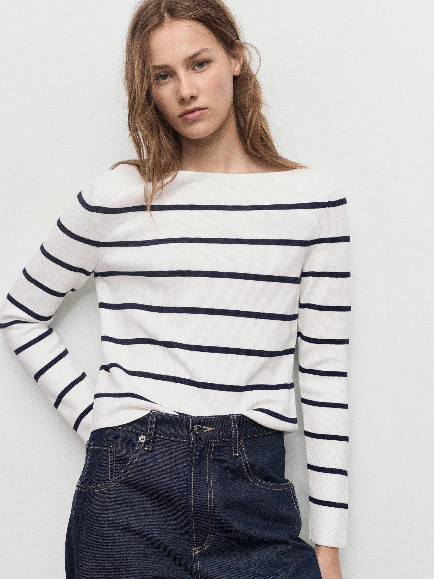 Product image 1 of 7, which shows Mango Soho Boat Neck Stripe Jumper, Light Beige, XS