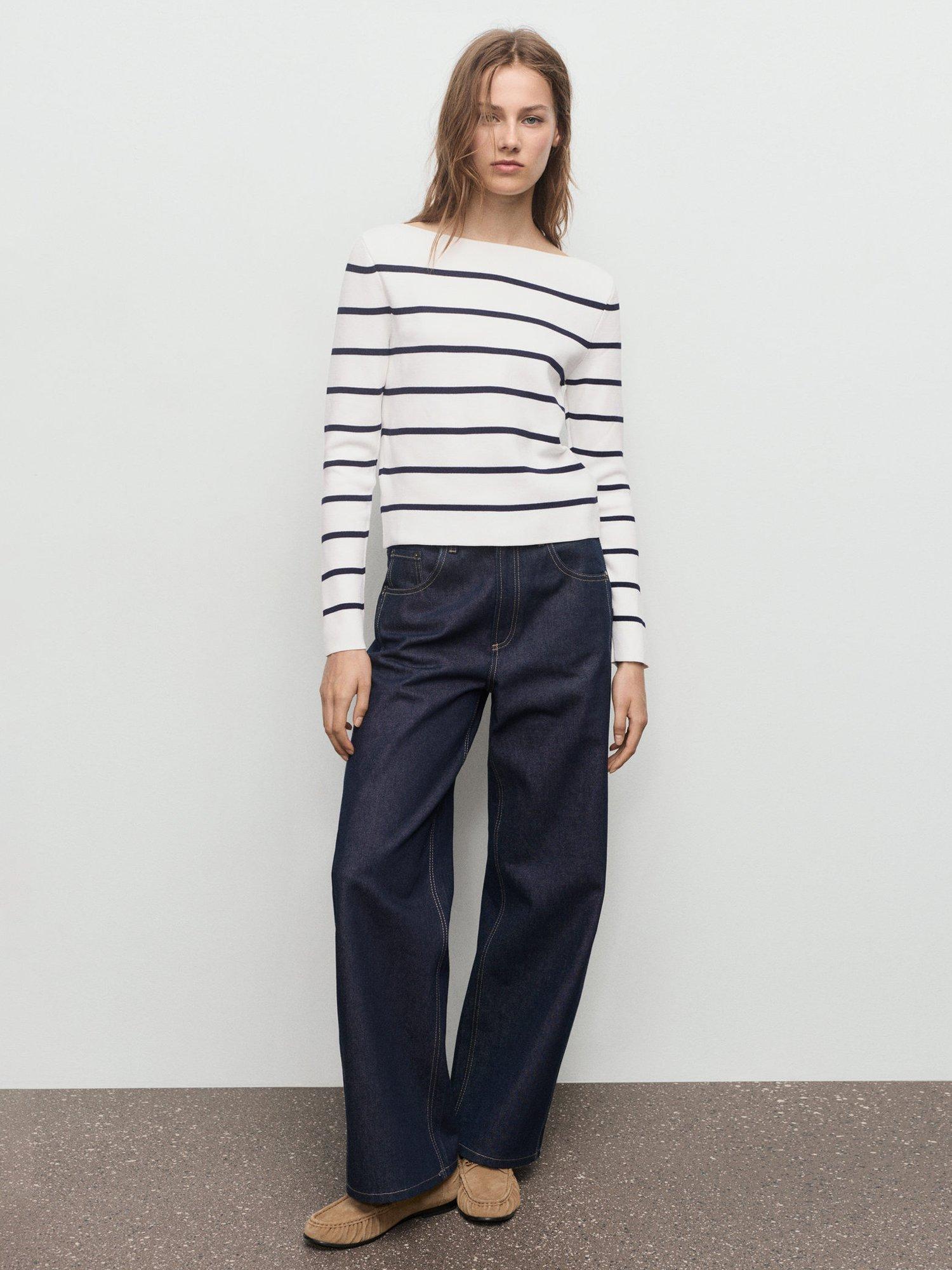 Product image 2 of 7, which shows Mango Soho Boat Neck Stripe Jumper, Light Beige, XS