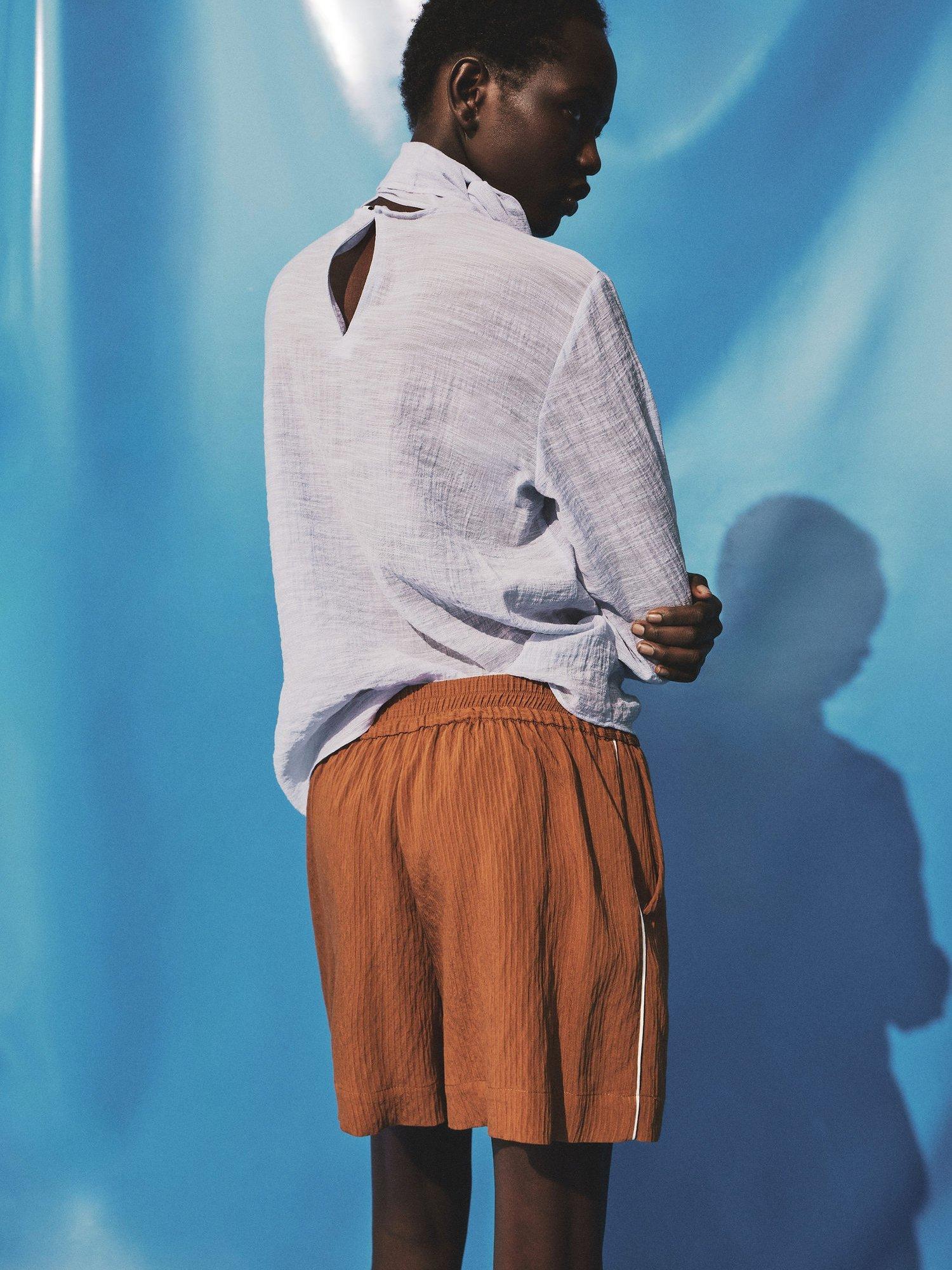 Product image 4 of 6, which shows Mango Coconut Trim Contrast Textured Shorts, Brown, XS