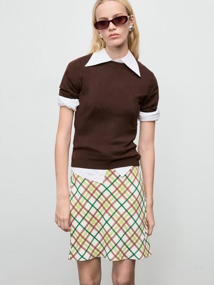 Mango Diamond Check Mini Skirt, Natural White, Natural White