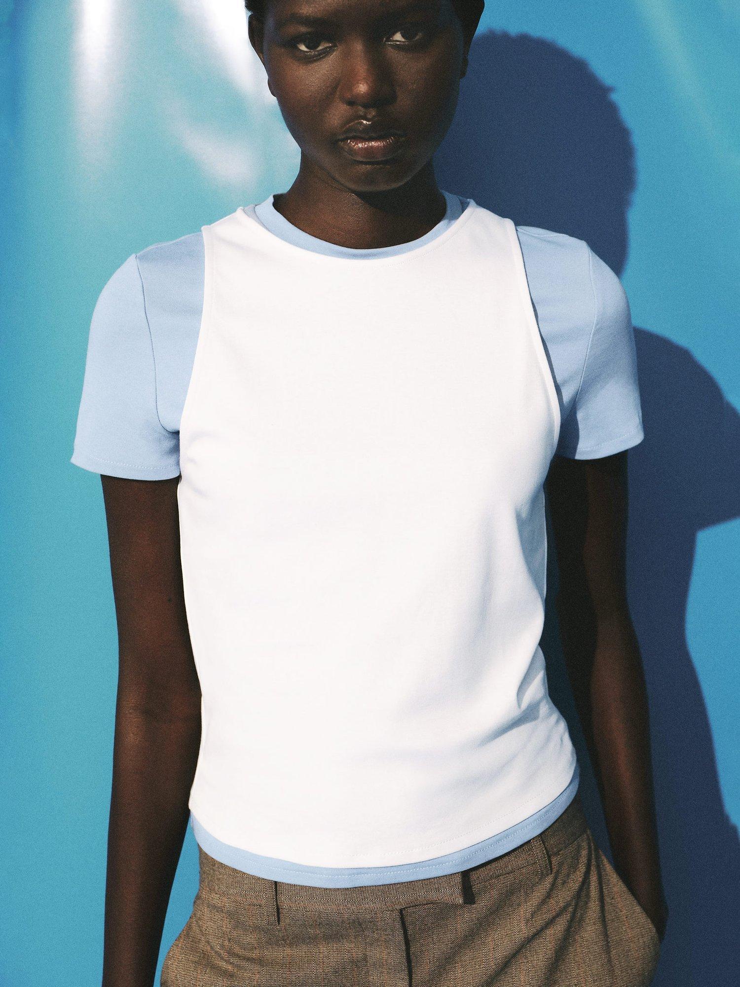 Product image 1 of 7, which shows Mango Coren Cotton Short Sleeve Round Neck T-Shirt, Pastel Blue, L