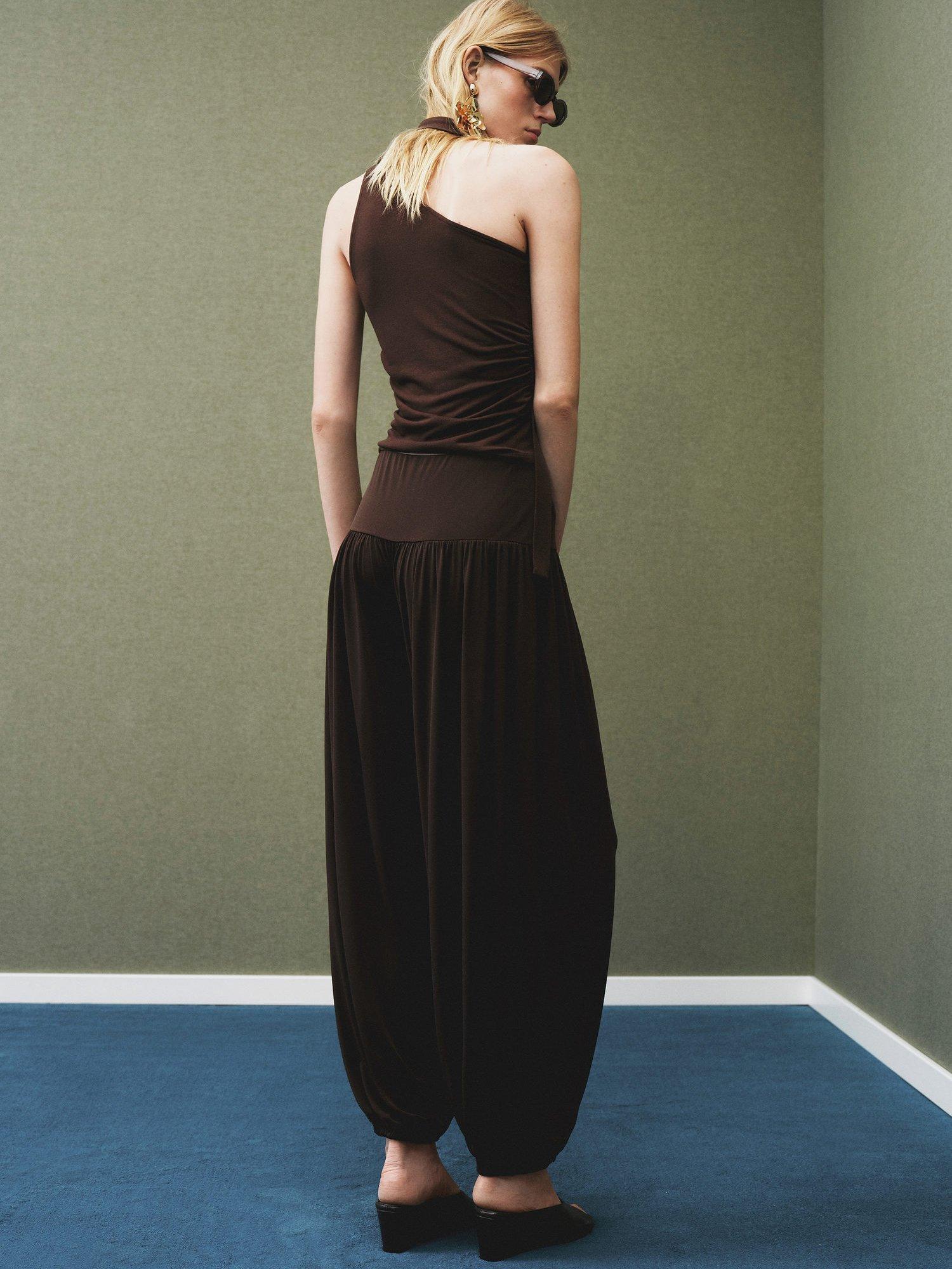 Product image 4 of 6, which shows Mango Dina Balloon Style Elastic Waist Trousers, Brown, S