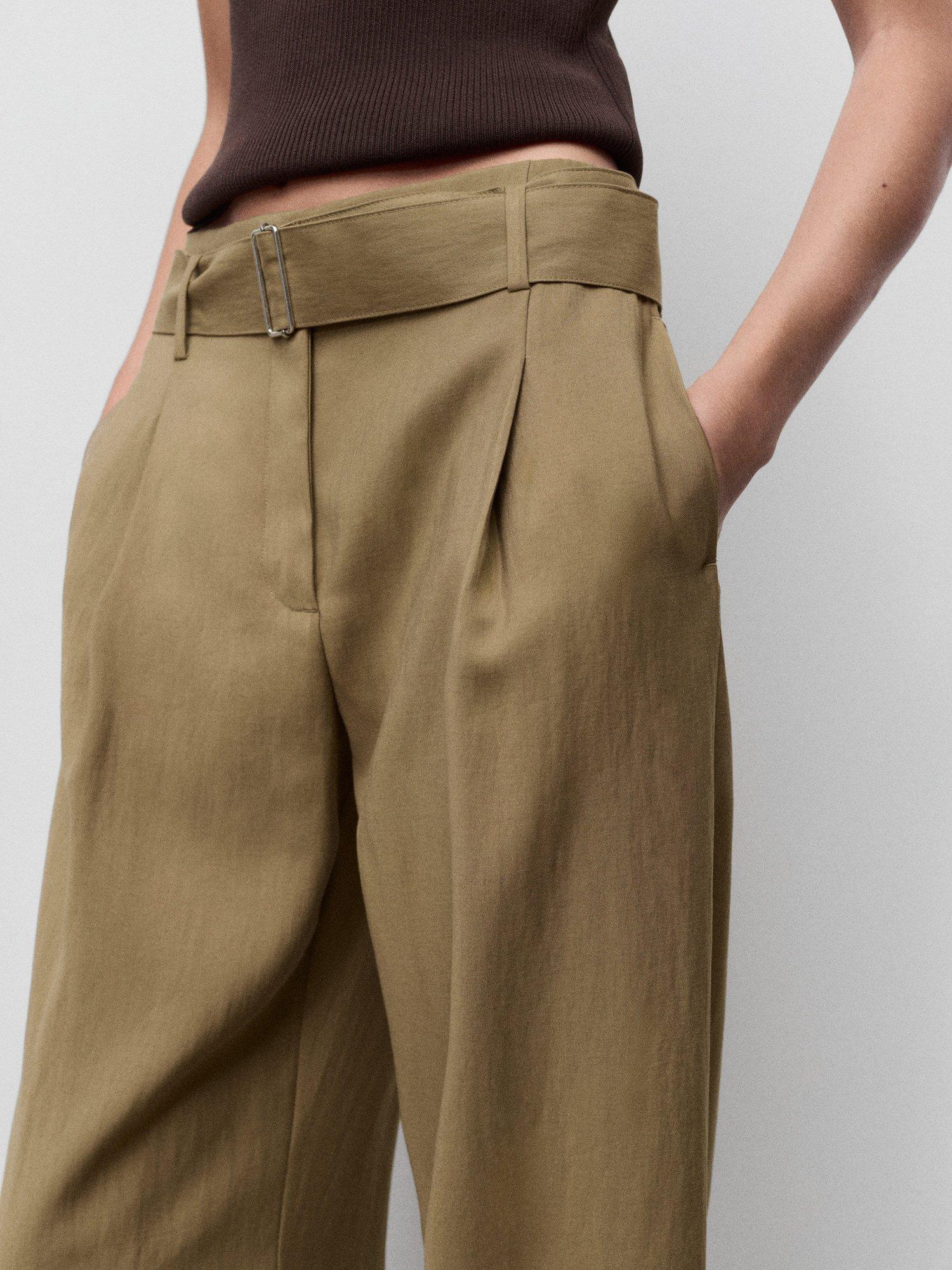 Product image 4 of 4, which shows Mango Lirica Paperbag Waist Tailored Trousers, Olive Green, 6