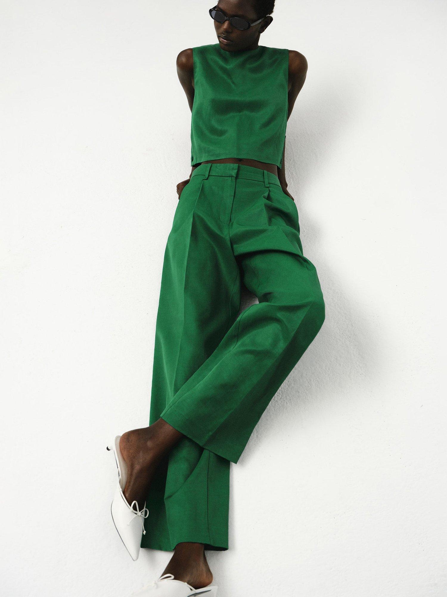 Product image 1 of 4, which shows Mango Otero Satin Finish Trousers, Bright Green, 10
