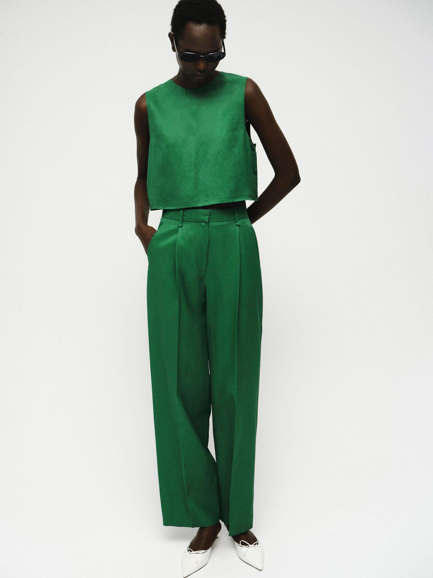 Product image 2 of 4, which shows Mango Otero Satin Finish Trousers, Bright Green, 10