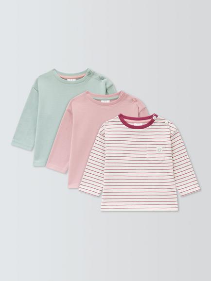 John Lewis Baby Long Sleeve T-Shirts, Pack of 3, Pink, Pink
