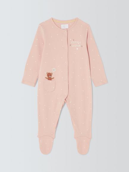 John Lewis Baby Little Sister Dot Sleepsuit, Pink, Pink