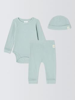 John Lewis Baby Ribbed Bodysuit, Trousers and Hat Set, Green, Green