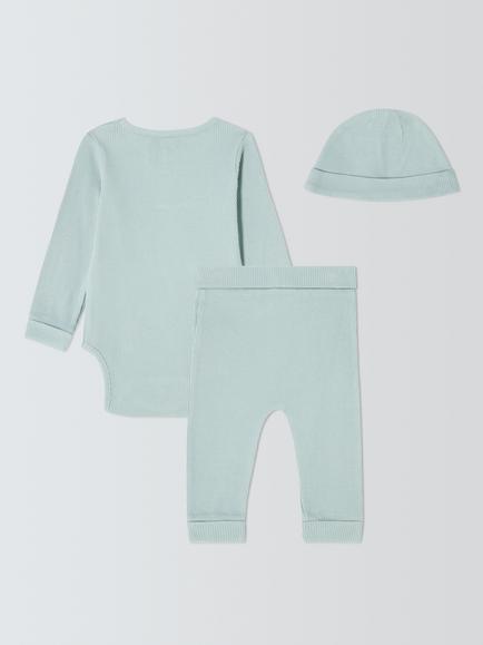 John Lewis Baby Ribbed Bodysuit, Trousers and Hat Set, Green - view 2, Green
