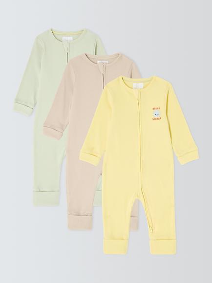 John Lewis Baby Ribbed Embroidered Two Way Zip Sleepsuit, Pack of 3, Multi, Multi
