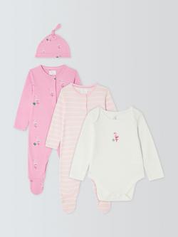 John Lewis Baby Flamingo Sleepsuit, Bodysuit and Hat Set, Pink, Pink