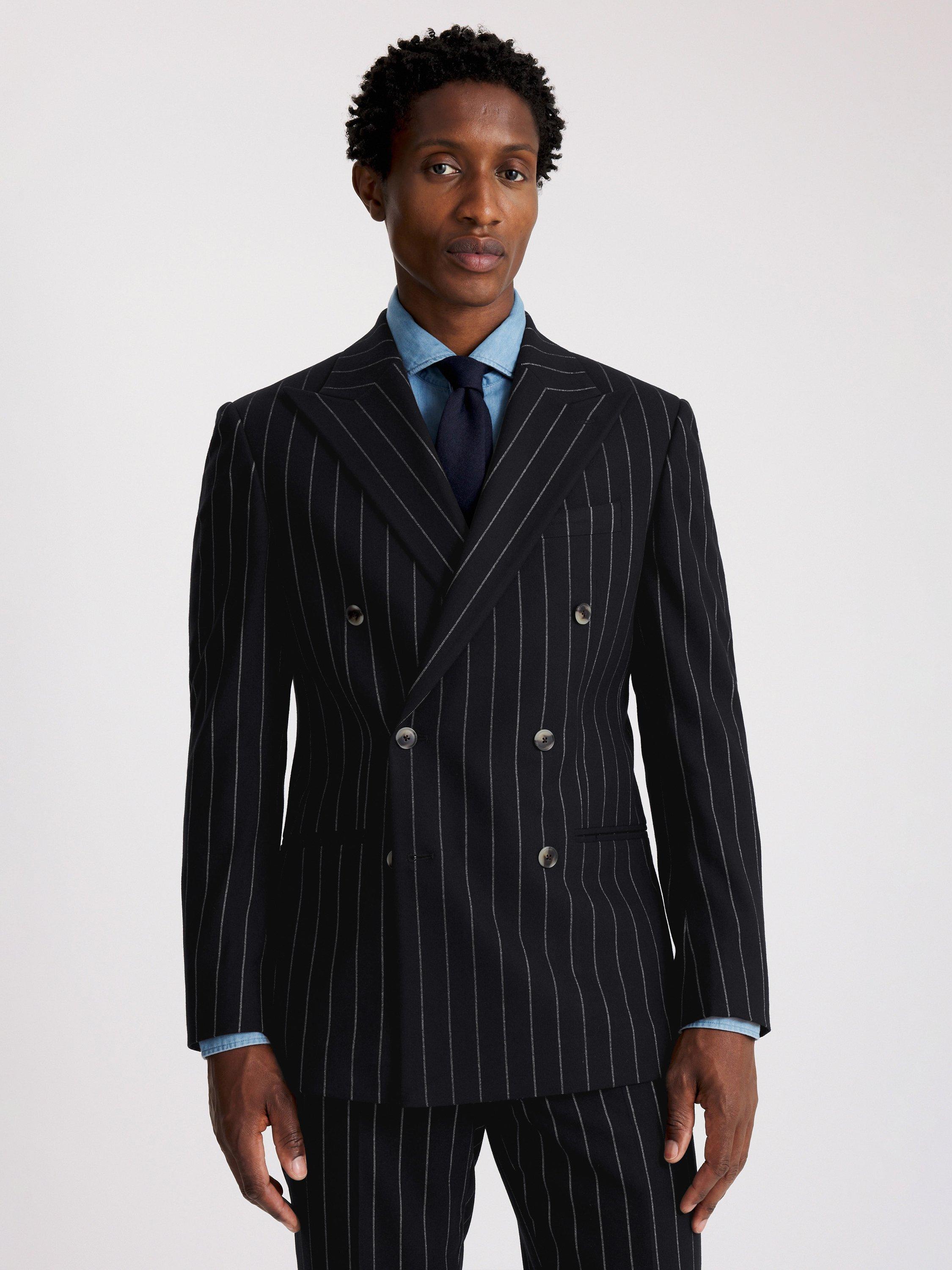 Moss Tailored Fit Wool Blend Pinstripe Double Breasted Suit Jacket