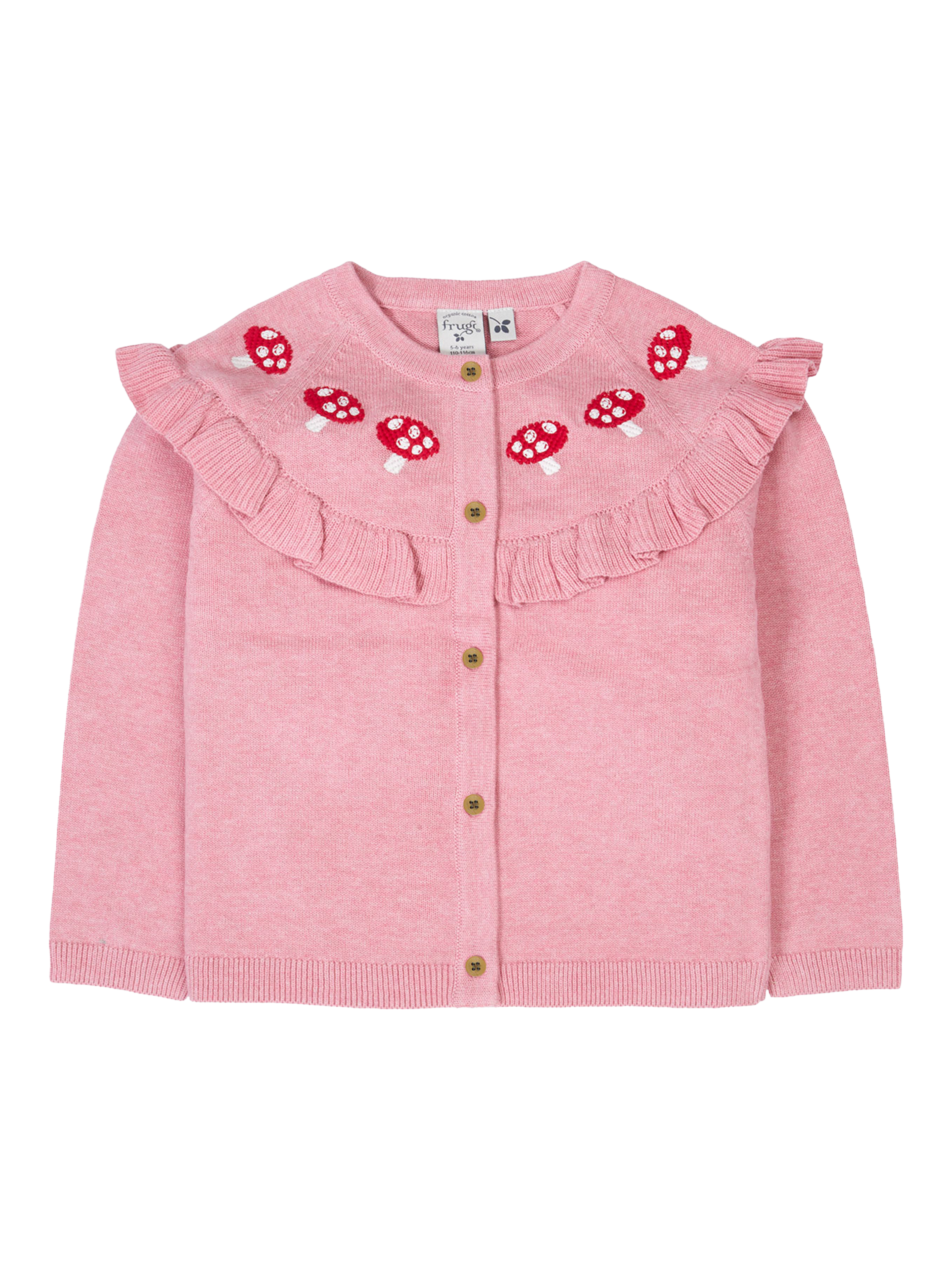 Product image 1 of 5, which shows Frugi Kids' Romi Cotton Ruffle Cardigan, Pink Marl/Mushroom, 2-3 yrs