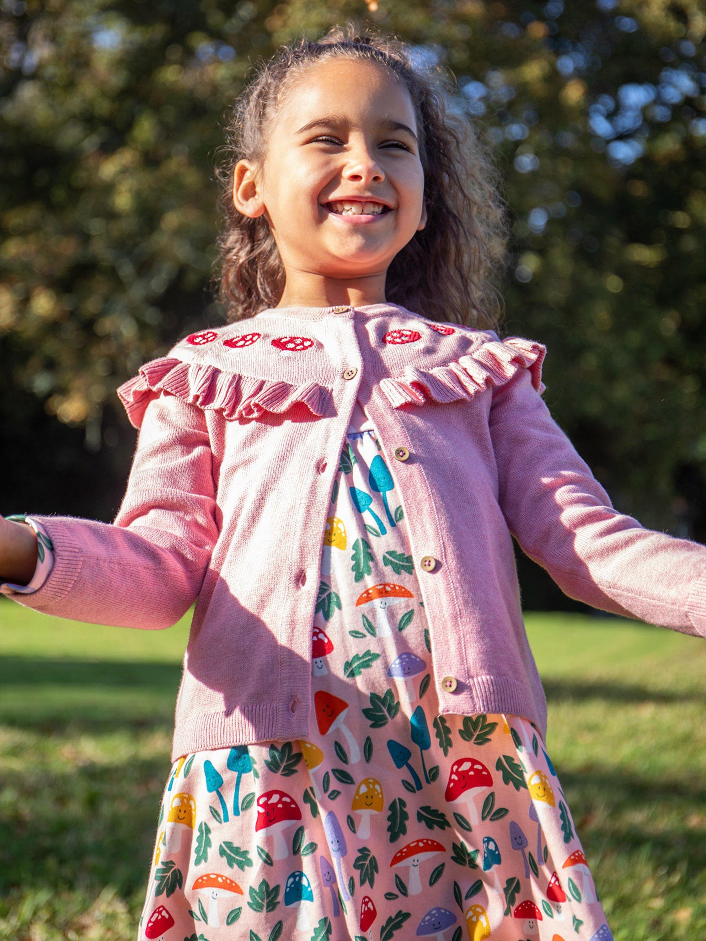 Product image 2 of 5, which shows Frugi Kids' Romi Cotton Ruffle Cardigan, Pink Marl/Mushroom, 2-3 yrs