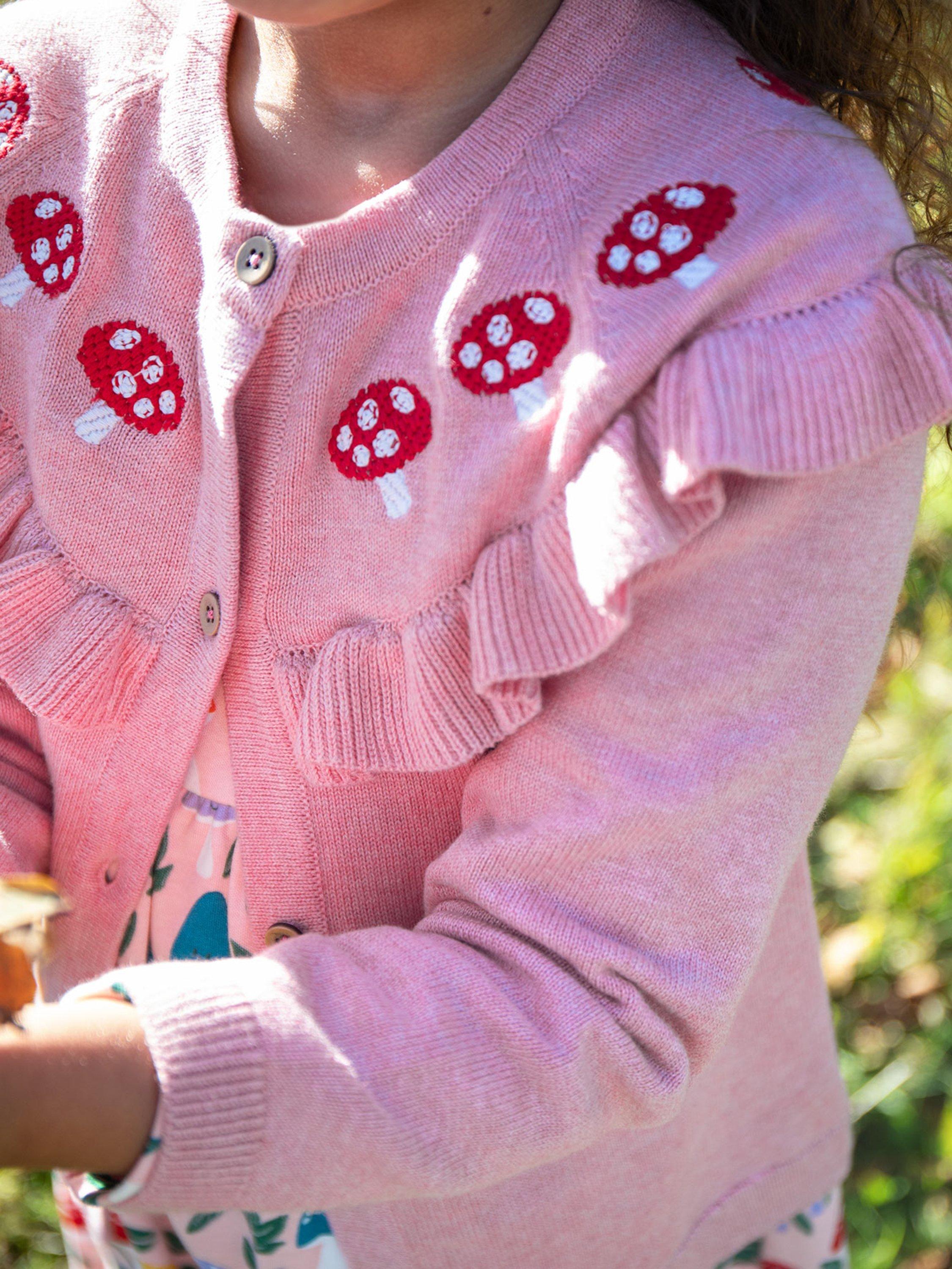 Product image 3 of 5, which shows Frugi Kids' Romi Cotton Ruffle Cardigan, Pink Marl/Mushroom, 2-3 yrs