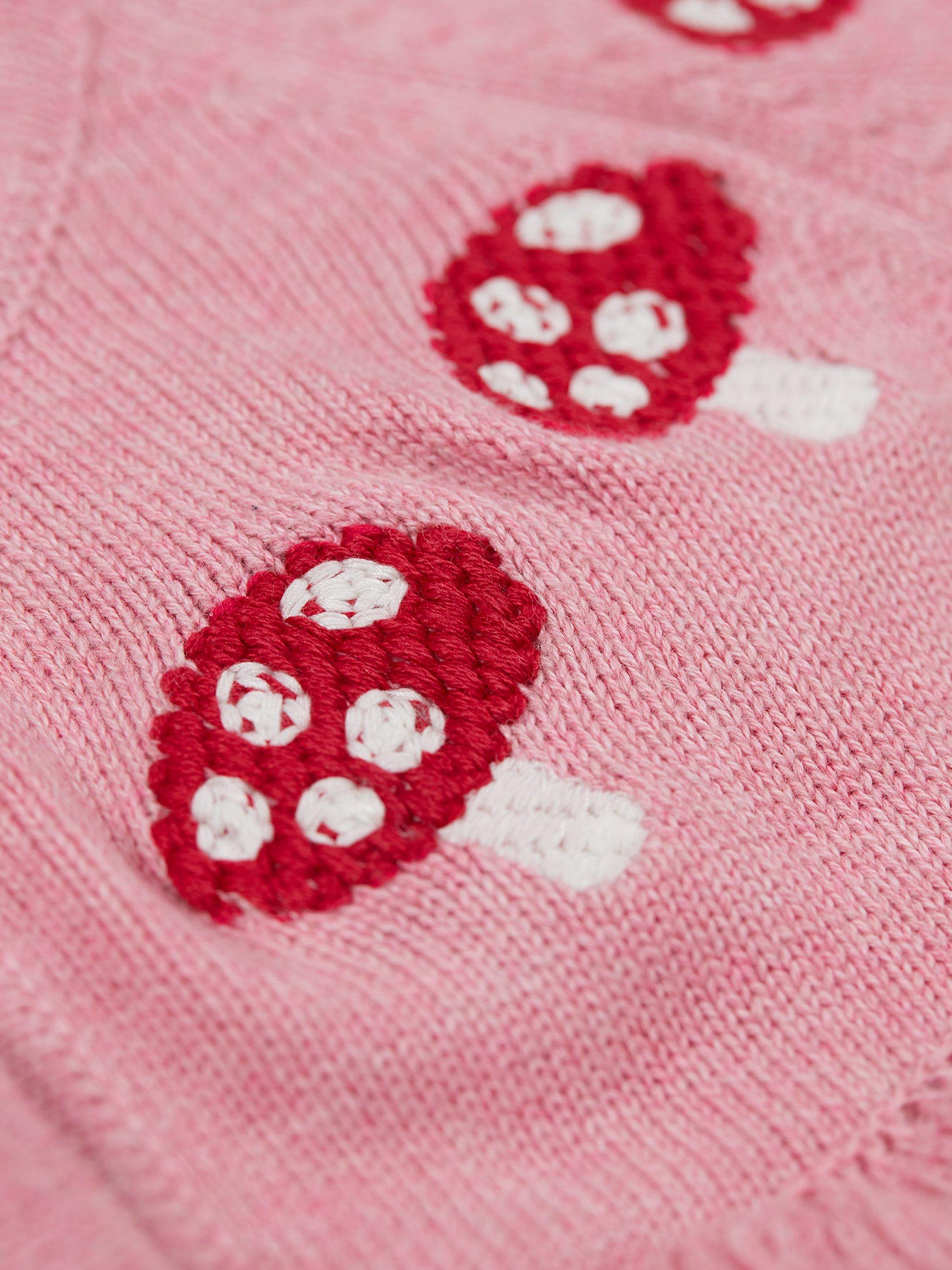 Product image 5 of 5, which shows Frugi Kids' Romi Cotton Ruffle Cardigan, Pink Marl/Mushroom, 2-3 yrs