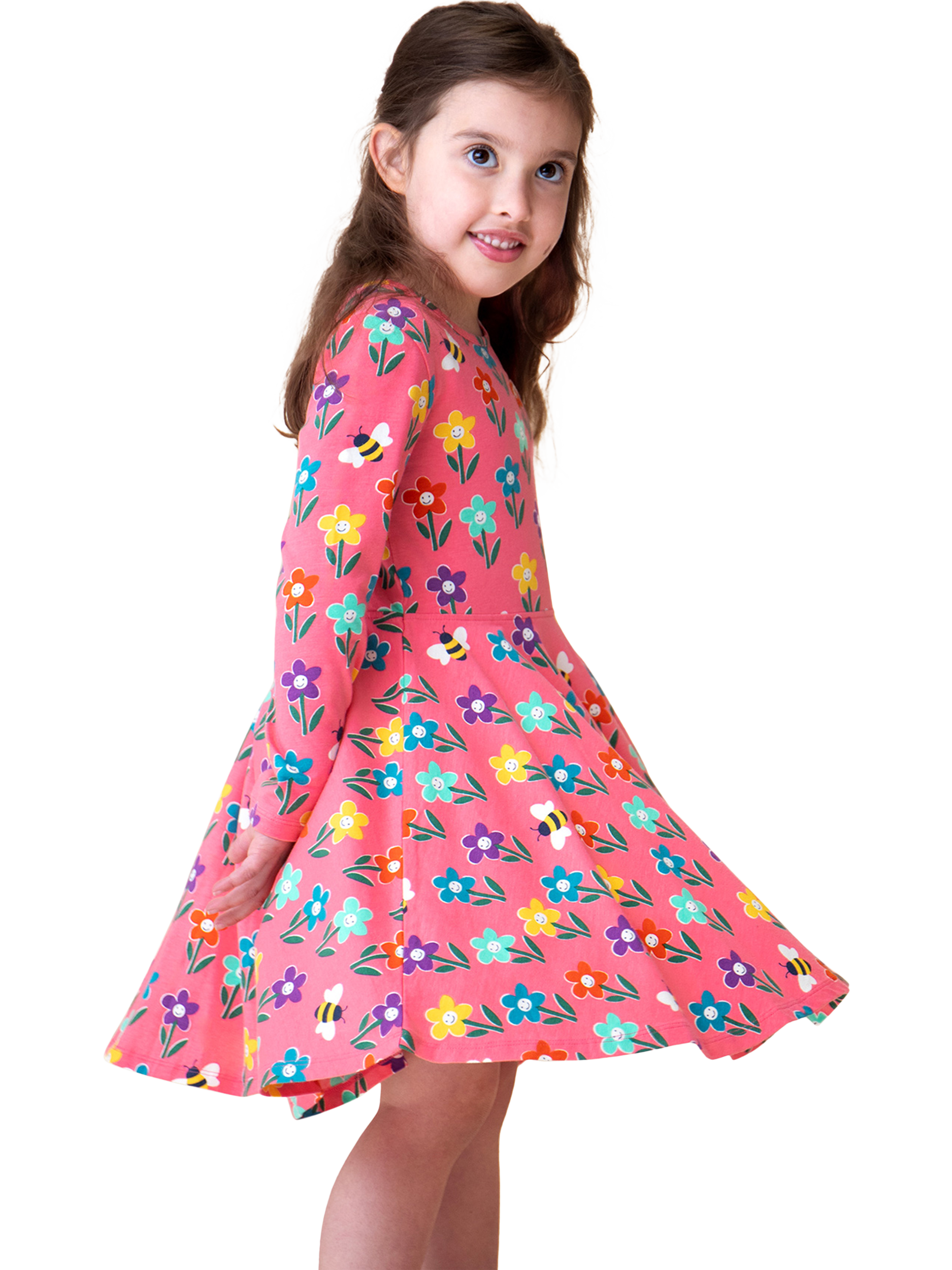 Product image 2 of 4, which shows Frugi Kids' Sofia Skater Cotton Blend Dress, Tulip Fun Flowers, 2-3 yrs