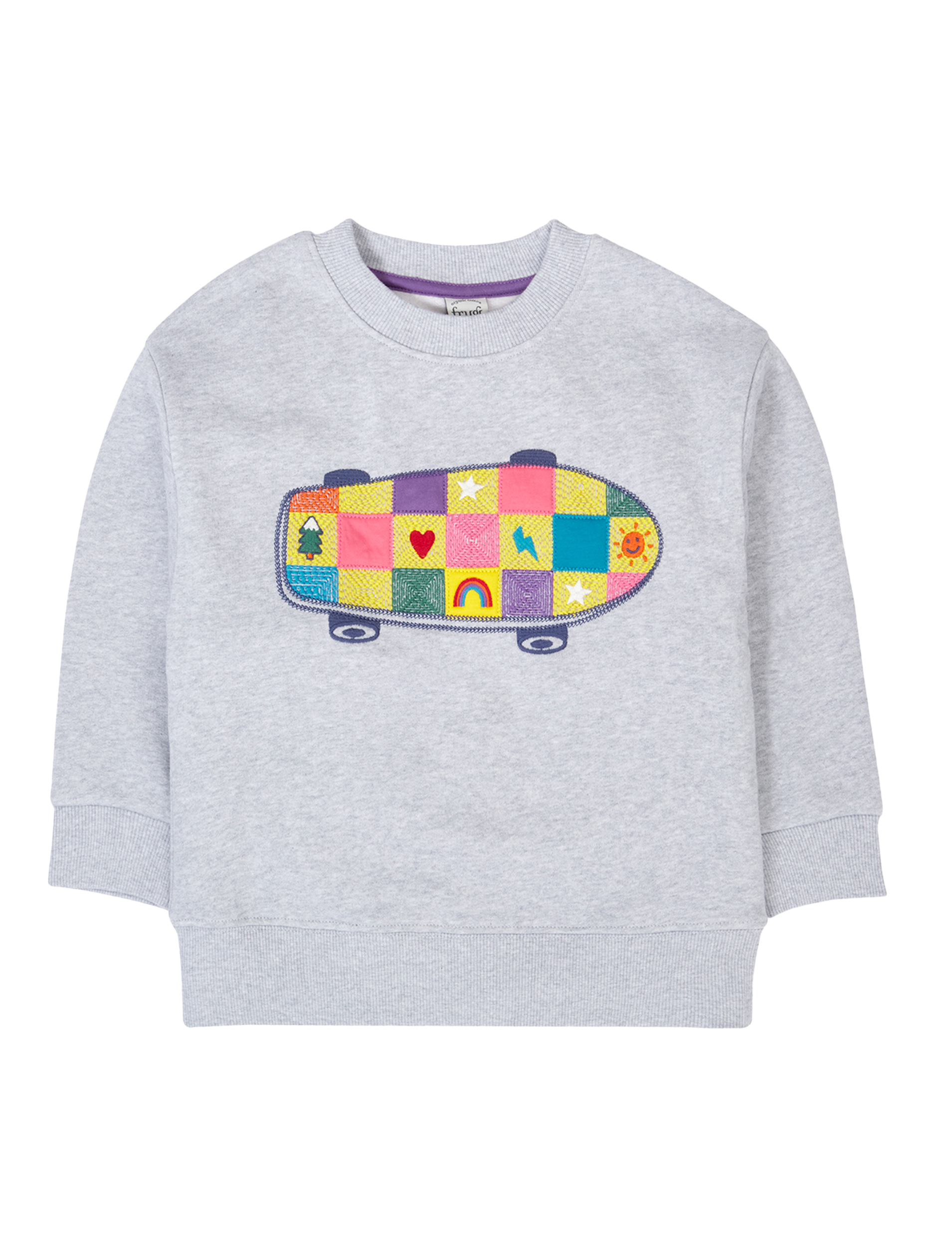 Product image 1 of 3, which shows Frugi Kids' Superb Cotton Stitch Sweatshirt, Grey Marl/Skateboard, 10-11 yrs