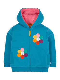 Frugi Kids' Ted Fleece Lined Cotton Blend Hoodie, Boat Blue/Flowers