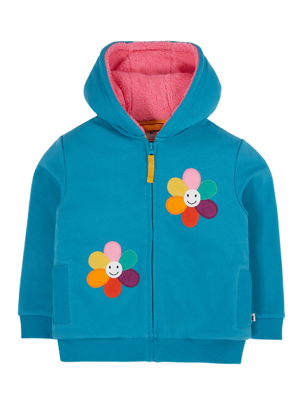 Frugi Kids' Ted Fleece Lined Cotton Blend Hoodie, Boat Blue/Flowers
