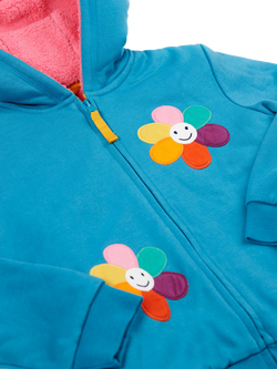 Frugi Kids' Ted Fleece Lined Cotton Blend Hoodie - view 2, Boat Blue/Flowers