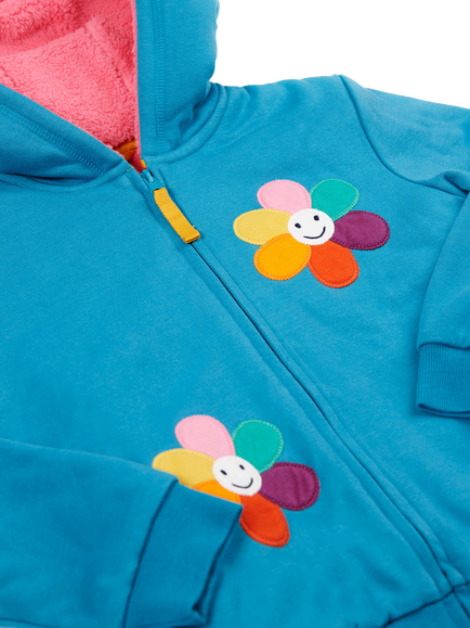 Frugi Kids' Ted Fleece Lined Cotton Blend Hoodie - view 2, Boat Blue/Flowers