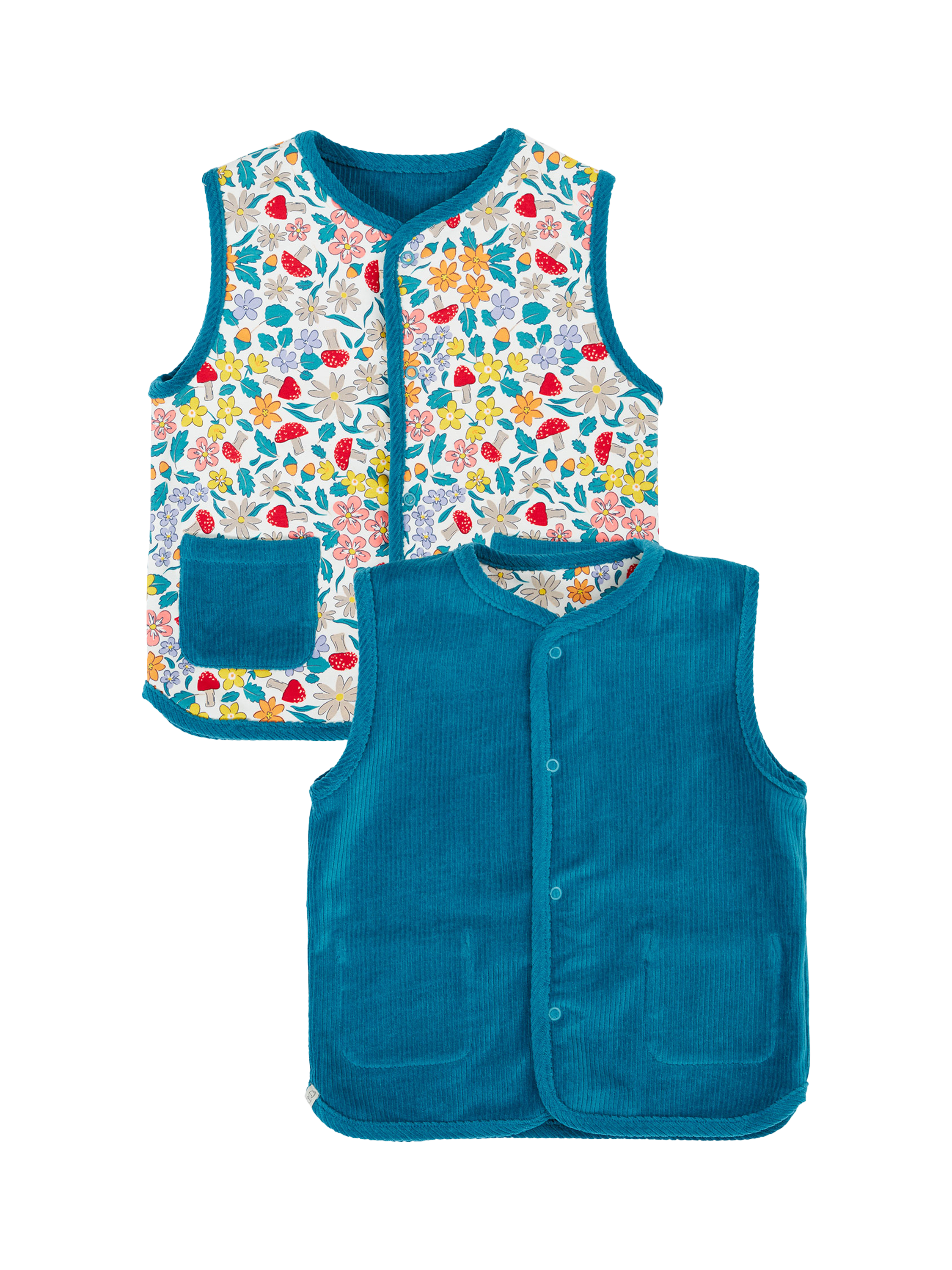 Product image 1 of 5, which shows Frugi Kids' Wynn Reversible Waistcoat, Multi, 0-3 months