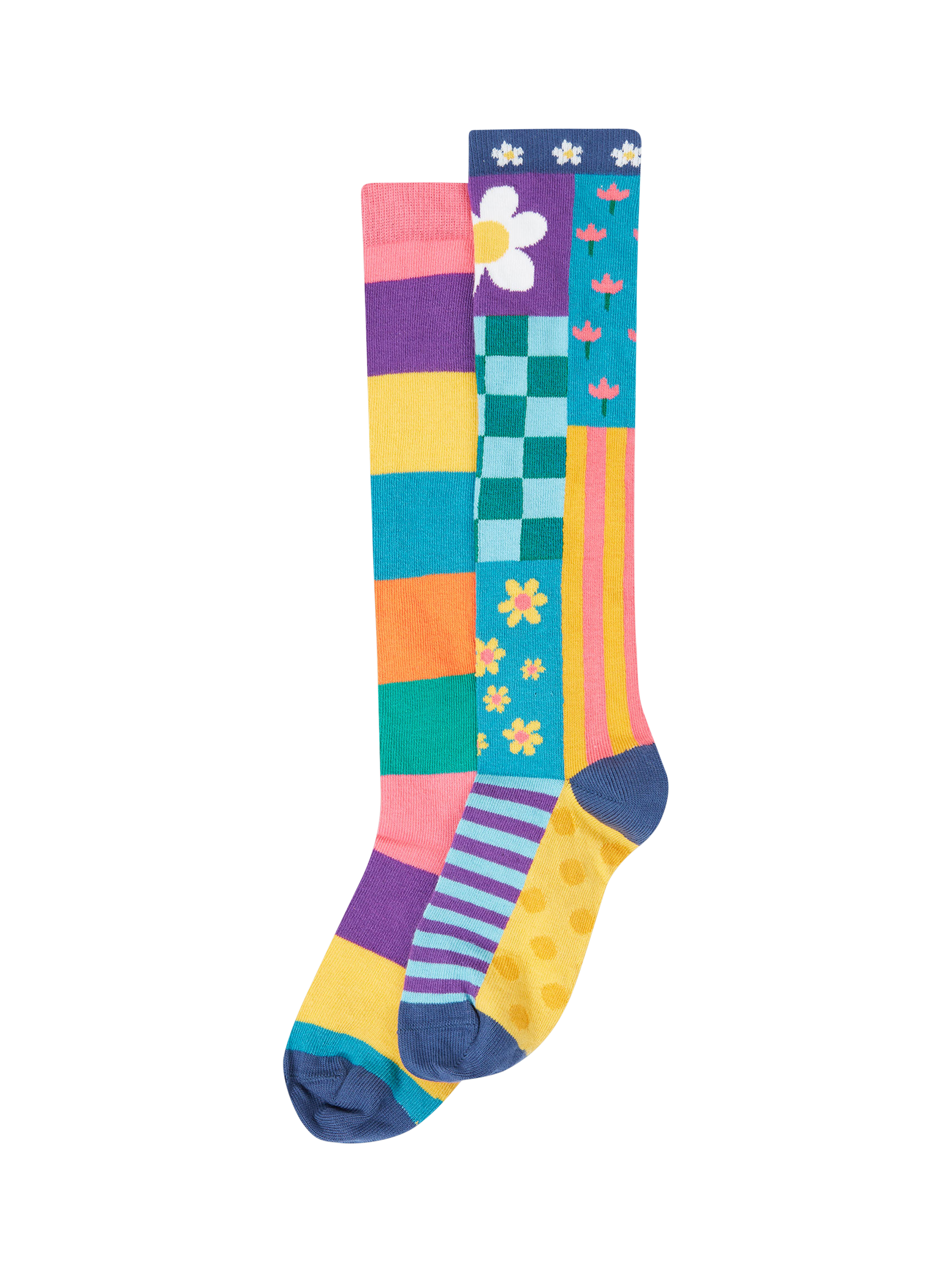 Product image 1 of 5, which shows Frugi Kids' Hygge High Knee Socks, Patchwork Multipack, 13-2
