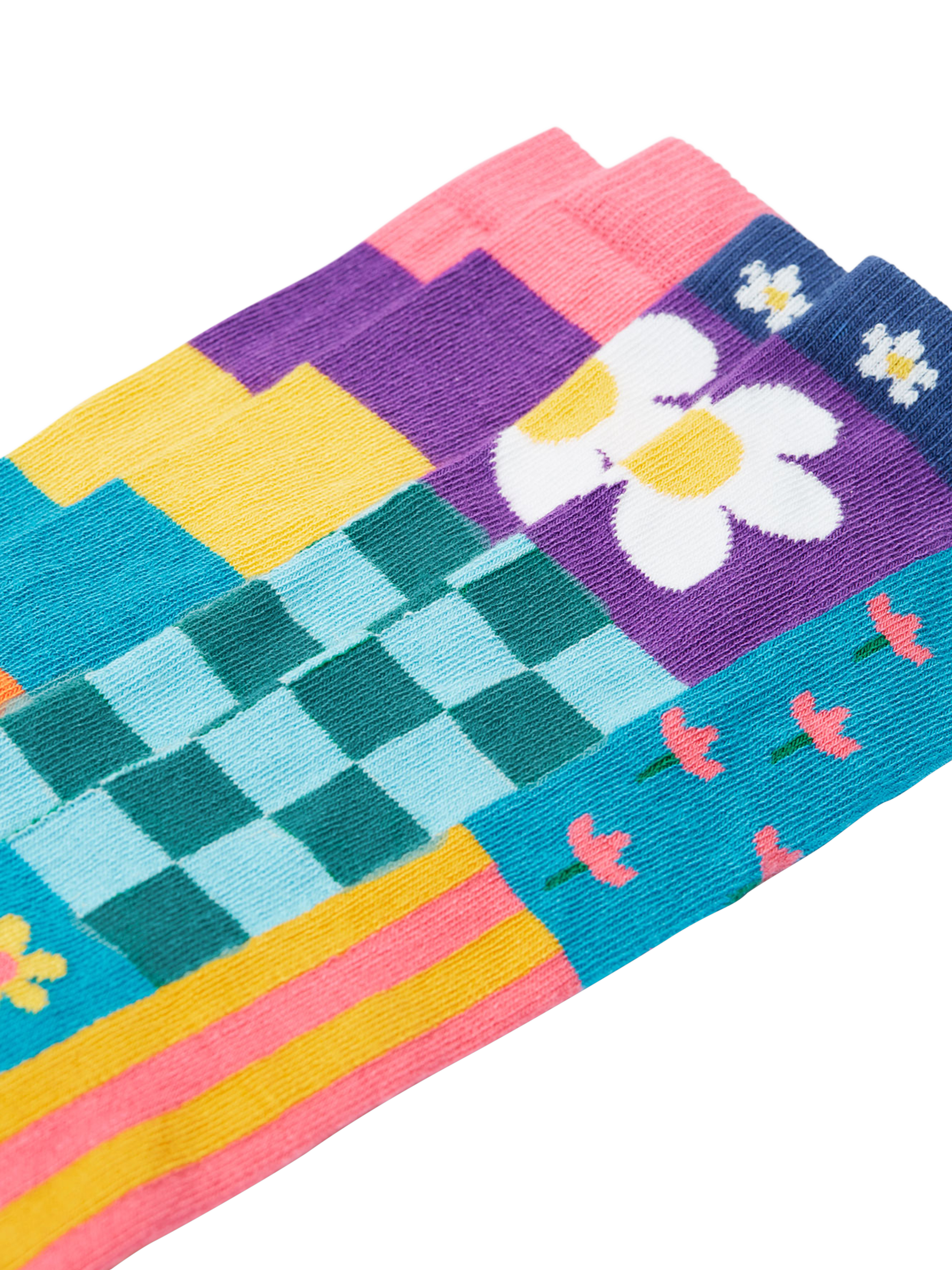 Product image 4 of 5, which shows Frugi Kids' Hygge High Knee Socks, Patchwork Multipack, 13-2