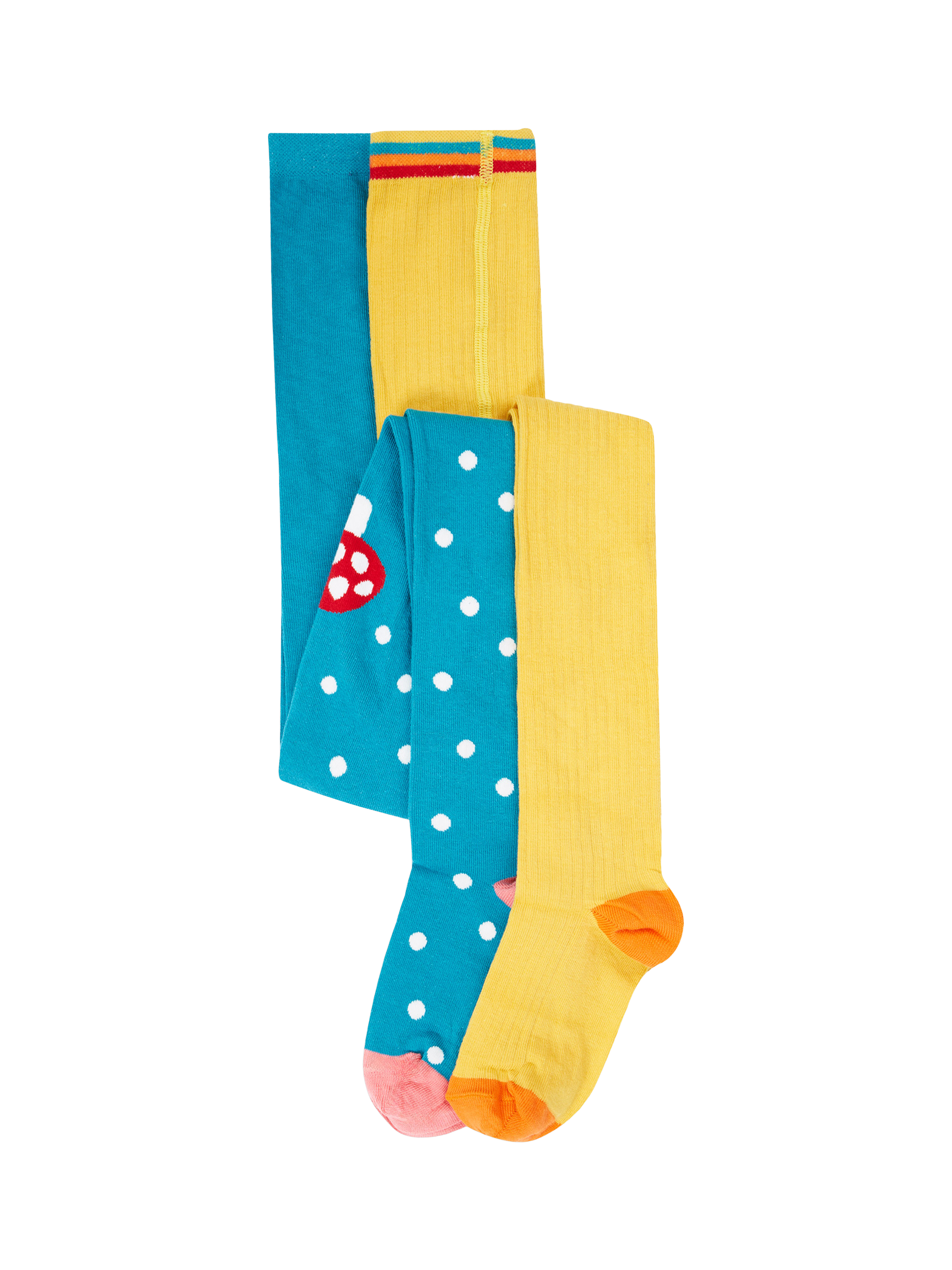 Product image 1 of 5, which shows Frugi Kids' Norah Flexible Tights, Mushroom/Bumblebee, 2-4 yrs