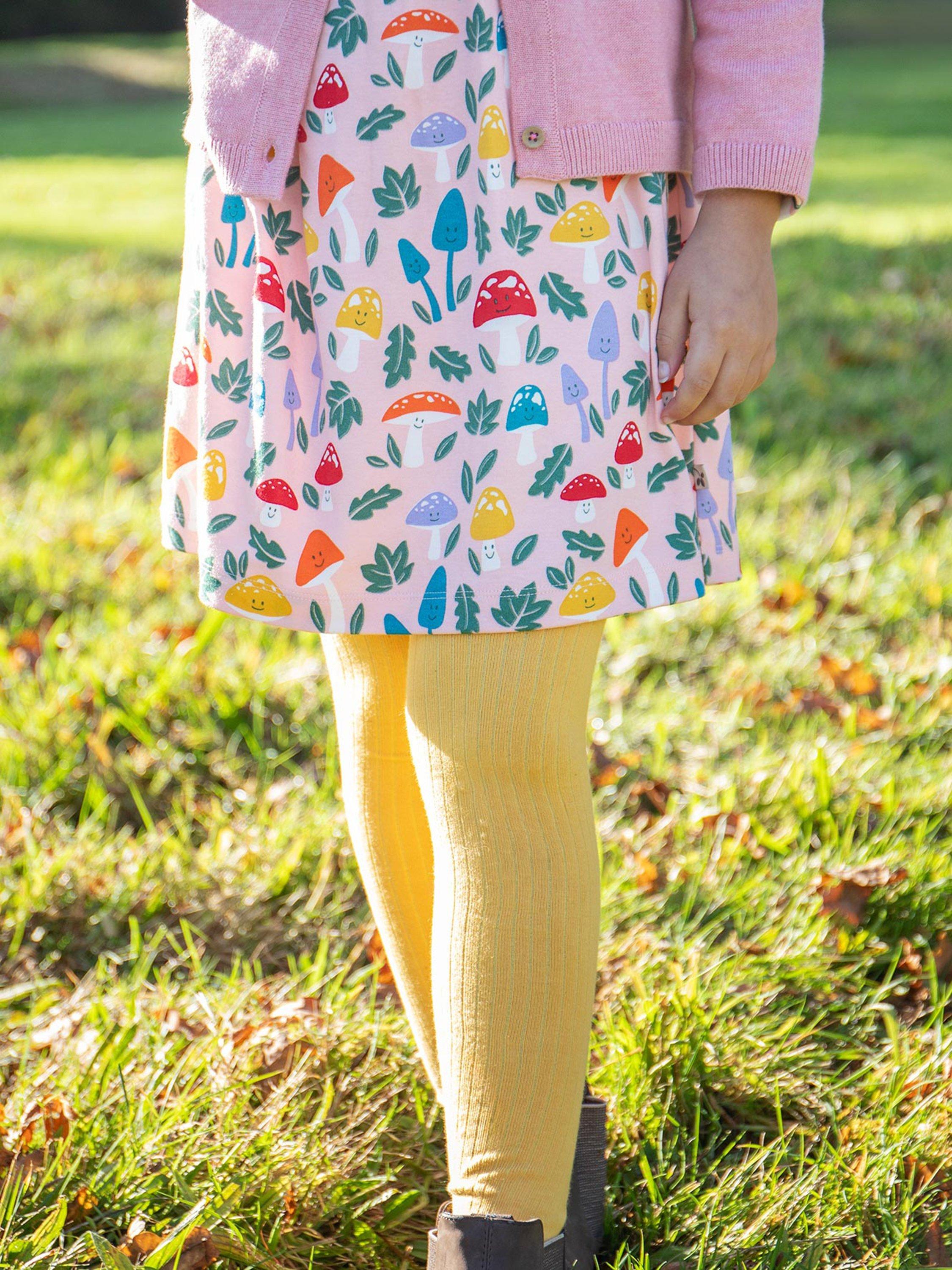 Product image 2 of 5, which shows Frugi Kids' Norah Flexible Tights, Mushroom/Bumblebee, 2-4 yrs