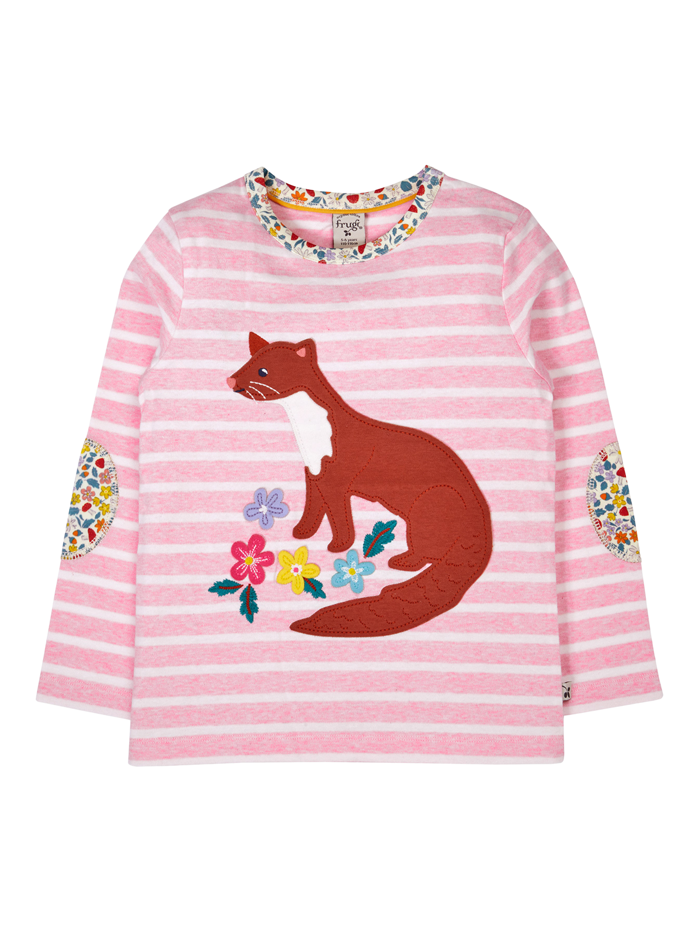 Product image 1 of 3, which shows Frugi Kids' Archer Cotton Blend Applique Top, Pinkstripepinemarten, 0-3 mths