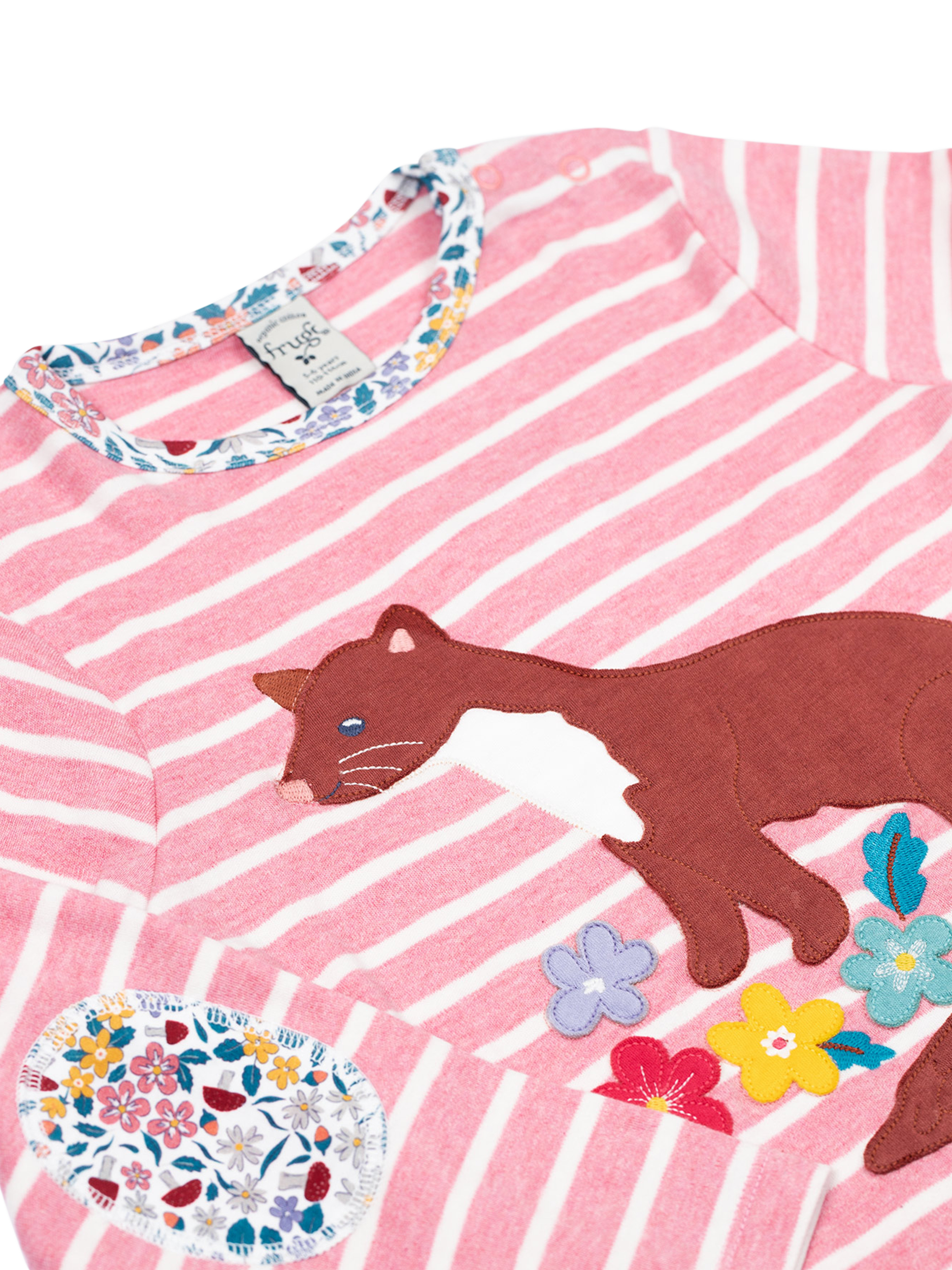Product image 2 of 3, which shows Frugi Kids' Archer Cotton Blend Applique Top, Pinkstripepinemarten, 0-3 mths
